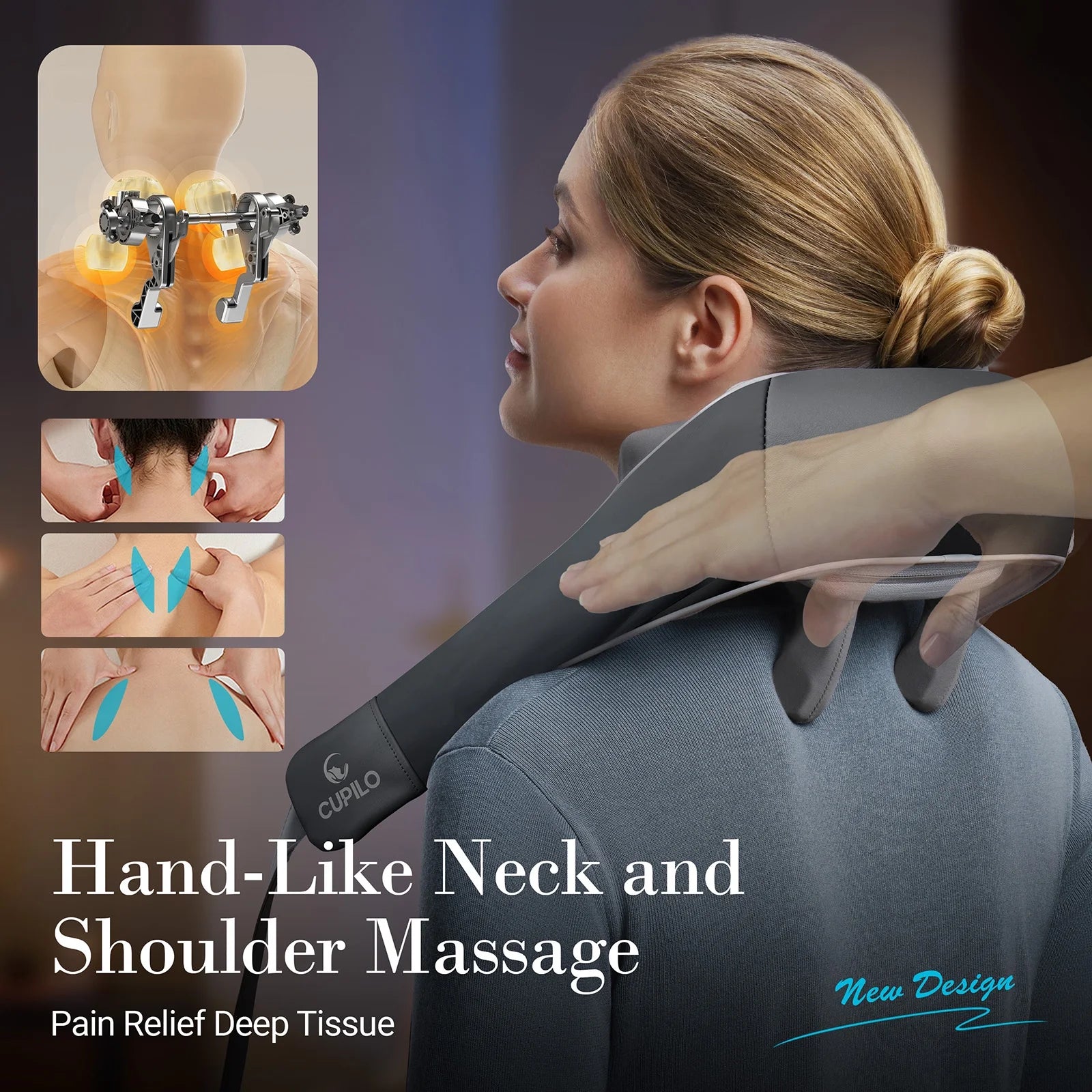 Cupilo Cordless Neck and Back Massager with Heat, 4D Shiatsu Shoulder Massager with Remote Controls for Pain Relief