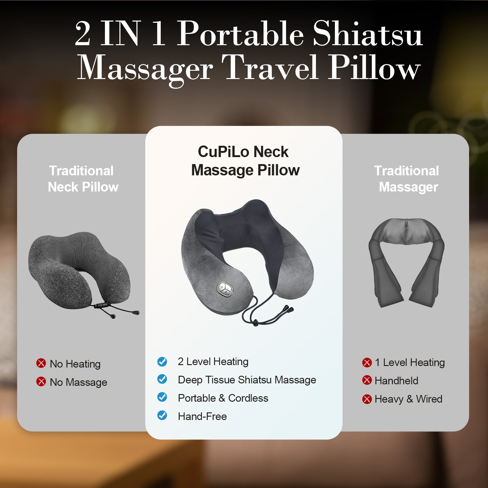 CuPiLo Neck Massager Pillow with Heat - Portable Shiatsu Neck Massage Pain Relief Deep Tissue - CPL-6689