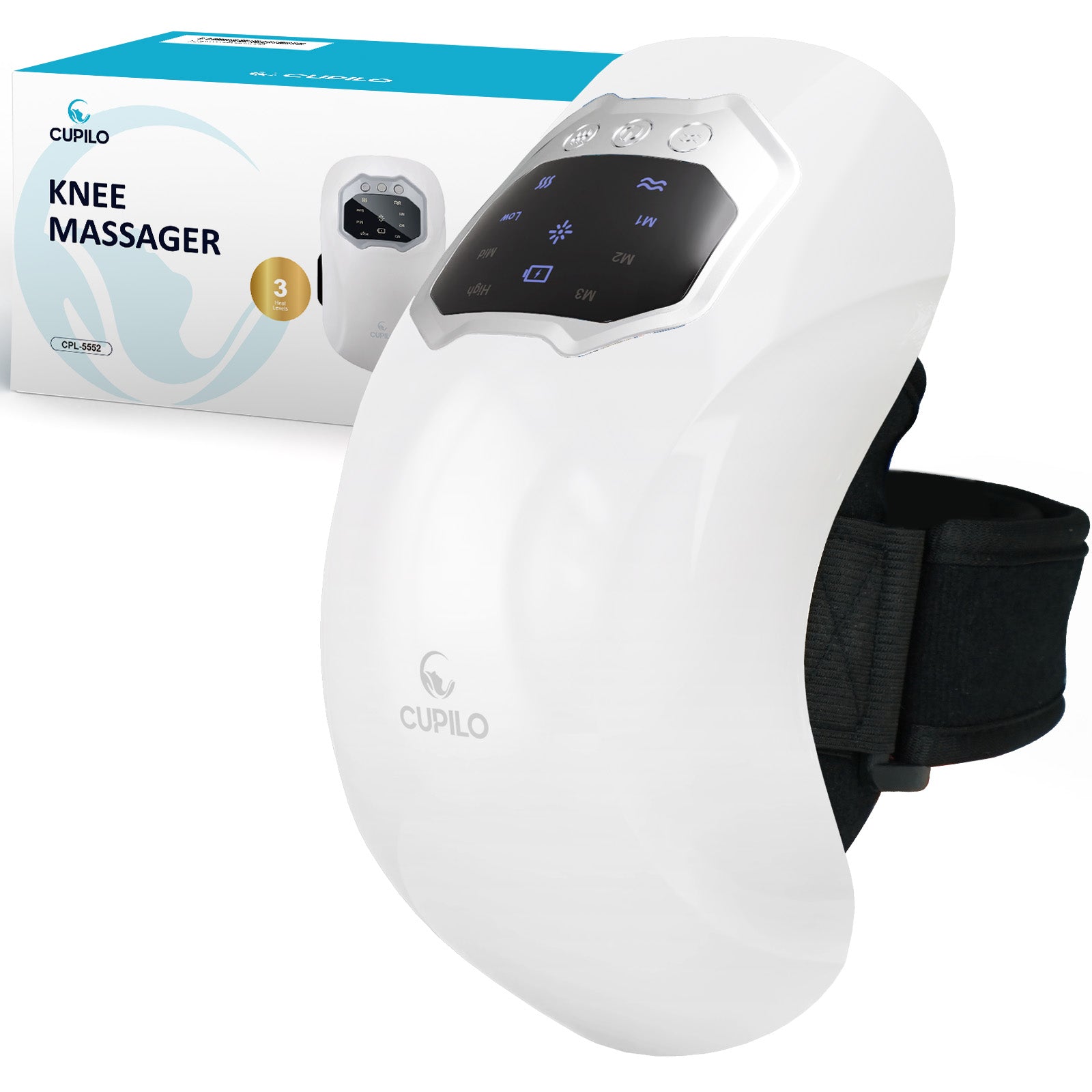 CuPiLo Cordless Knee Massager with Heat – 3 Heat Levels & 3 Vibration Modes, Rechargeable Heated Knee Brace with LED Display & Adjustable Straps for Pain Relief - CPL-5552