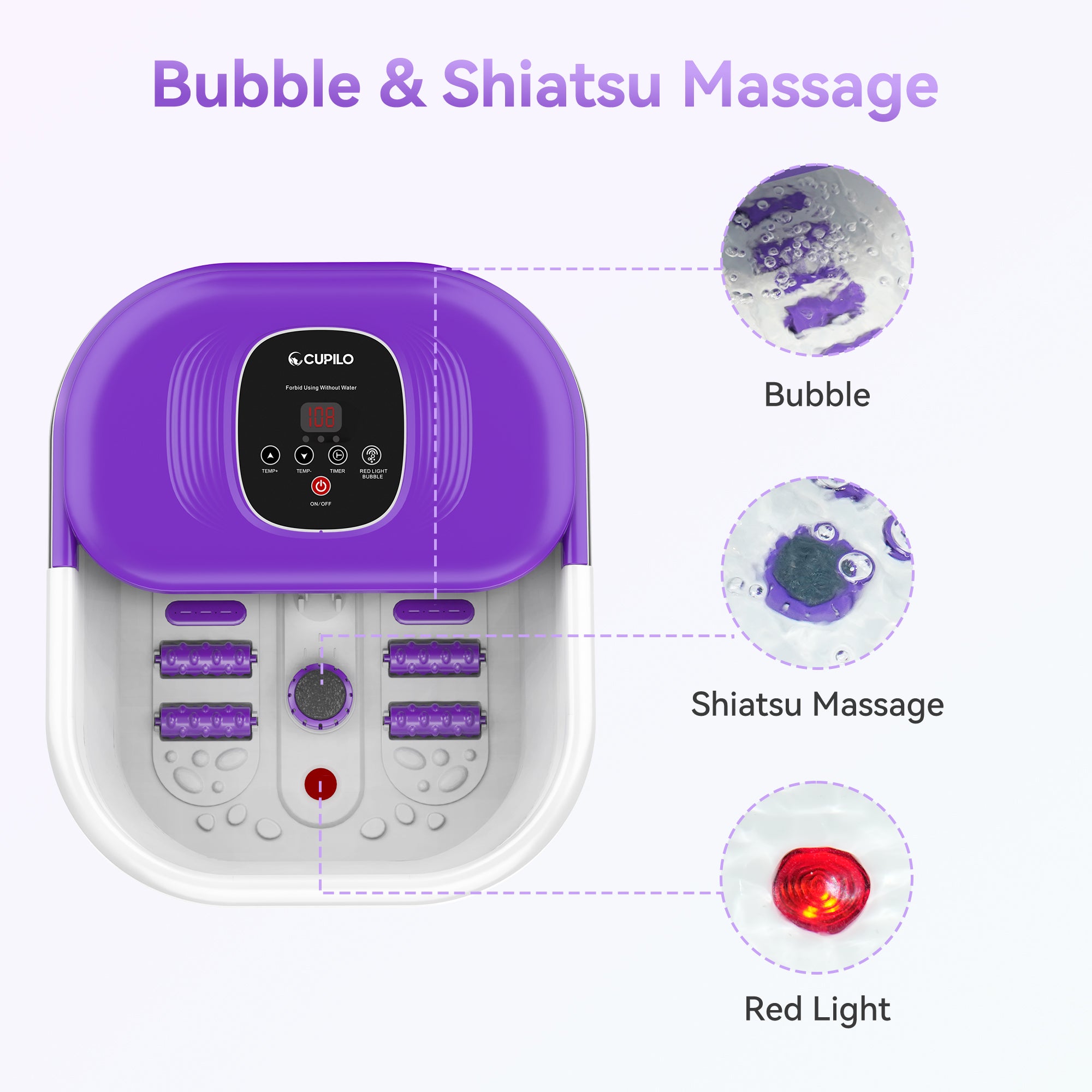 CuPiLo Collapsible Foot Spa Bath Massager with Heat Bubbles - CPL-5538-PUR