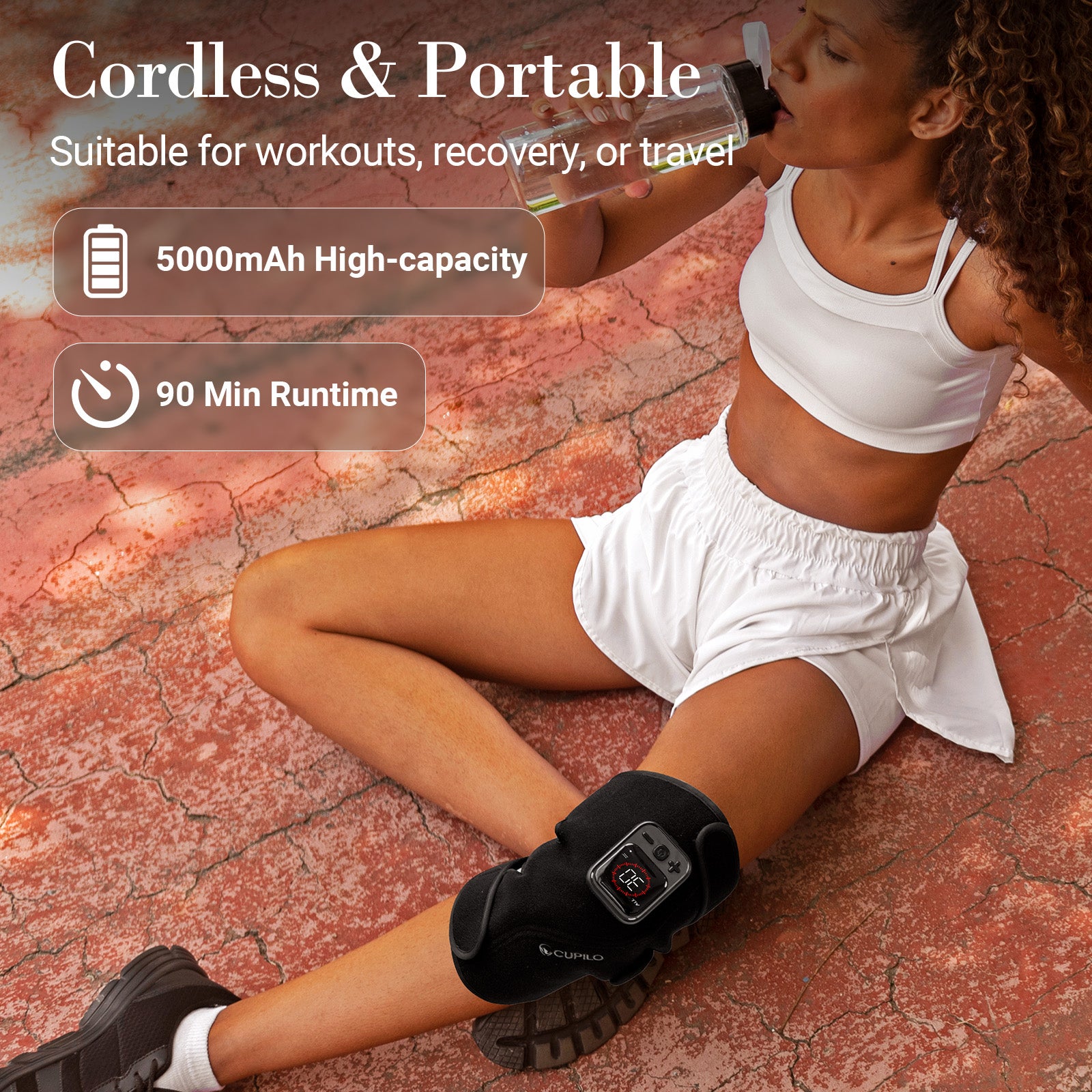 CuPiLo Red Light Therapy Knee Massager with Heat, 660nm & 850nm LEDs, 5 Heat Levels, Vibration, Cordless 5000mAh Battery - CPL-5553-BLK