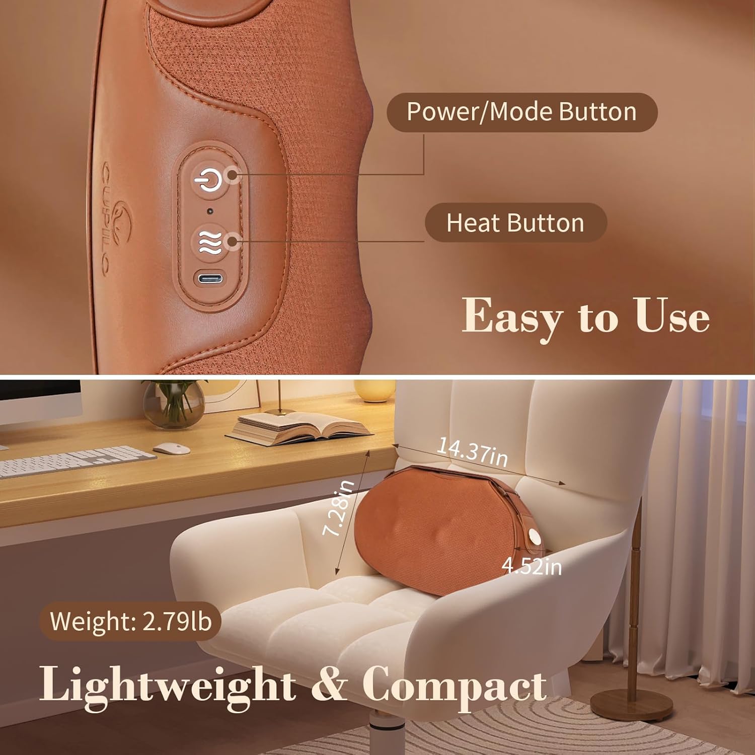 CPL-1148-WM Cupilo Neck Back Massager with Heat , Shiatsu Back Massage Pillow for Neck,Leg,Upper &Lower Back Pain Relief