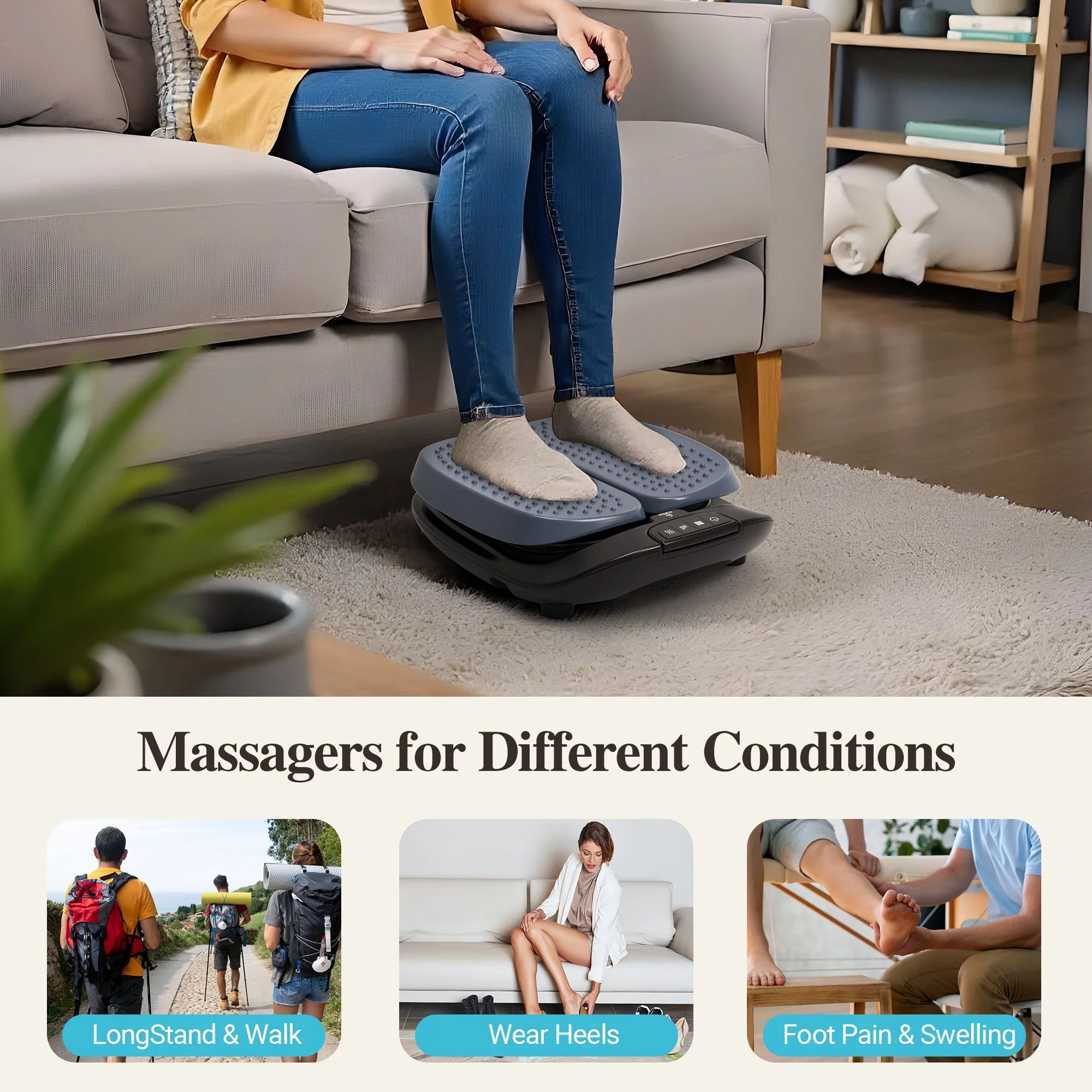 Multi-scene foot massager with heater - solves pain from standing, heels, and swelling via vibration therapy.