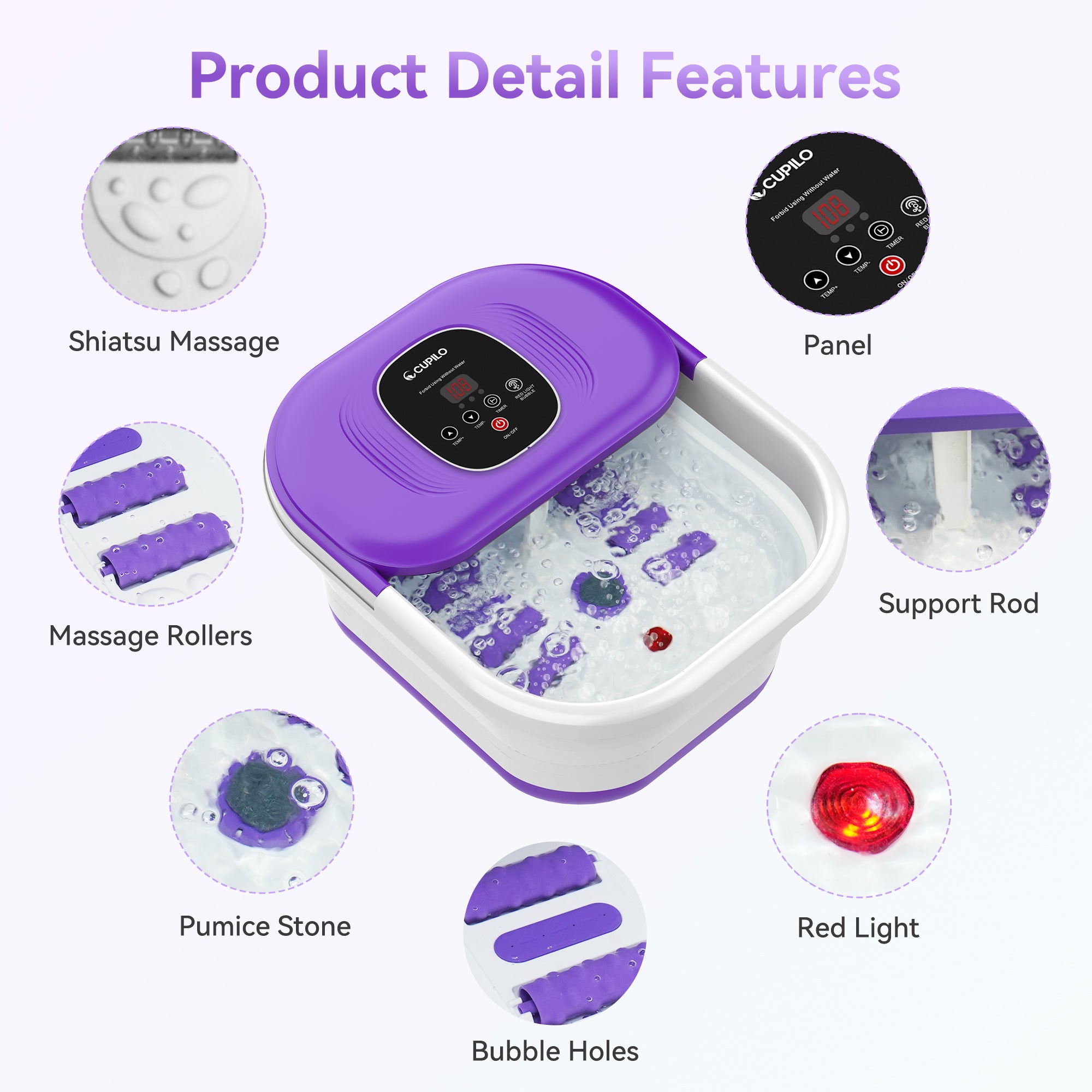 CuPiLo Collapsible Foot Spa Bath Massager with Heat Bubbles - CPL-5538-PUR