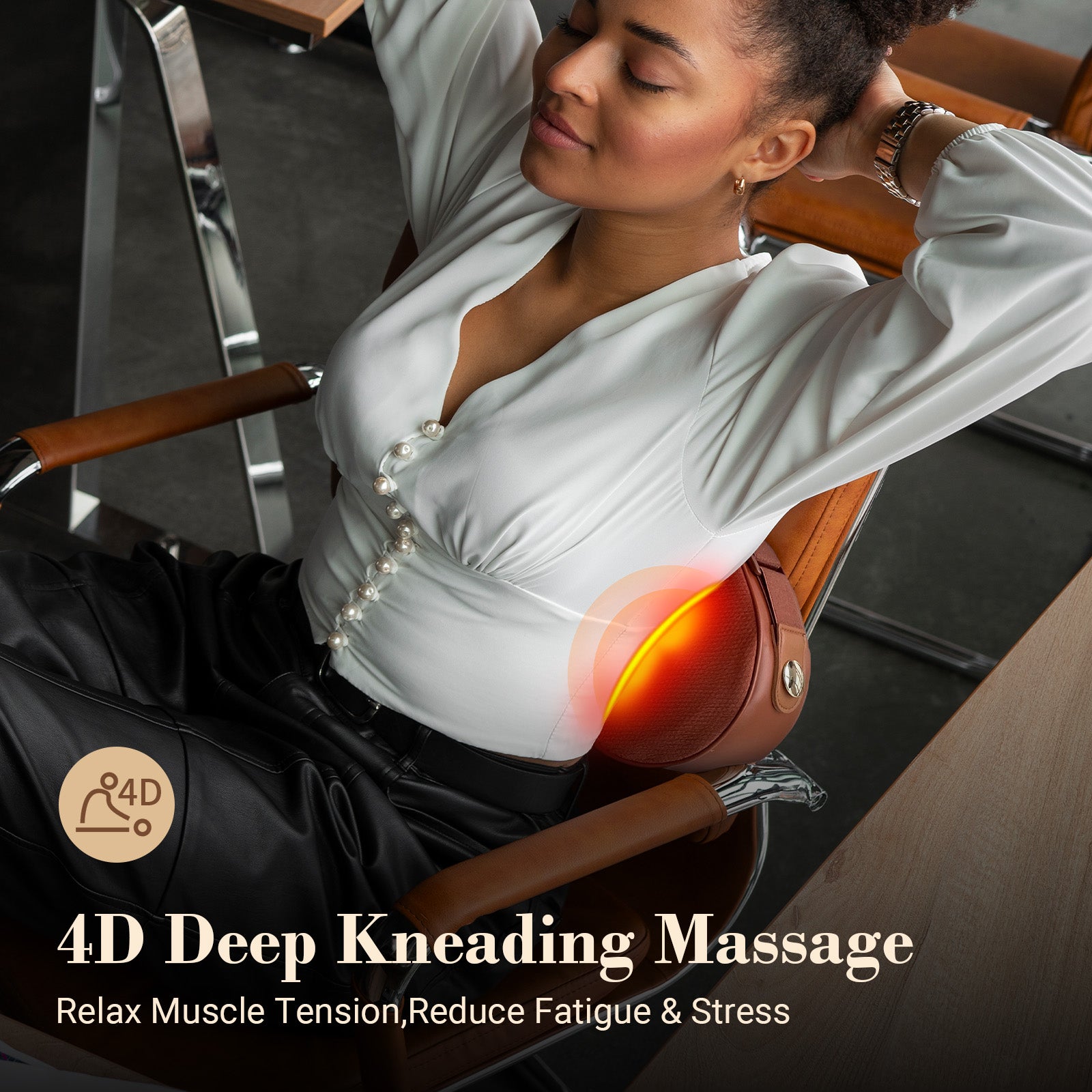 4D deep-kneading shiatsu massage pillow - releases back/neck muscle tension, fatigue & stress.