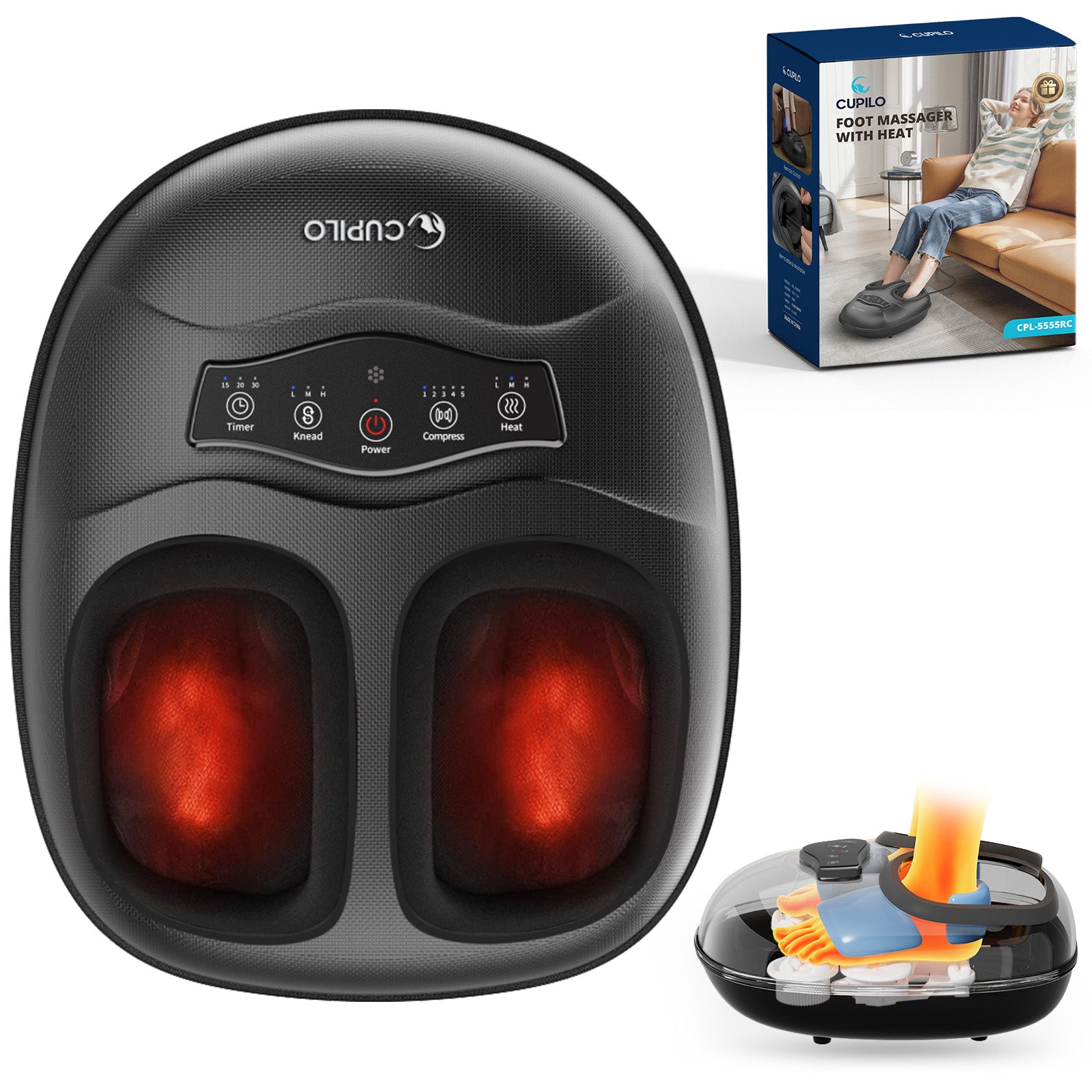 CPL-5555-WM Cupilo Shiatsu Foot Massager, Feet Massager Machine with 3 Heat Levels, 5 Deep Kneading Therapy Pressure for Plantar Fasciitis, Neuropathy, Blood Circulation, Gifts for Women Men 13"