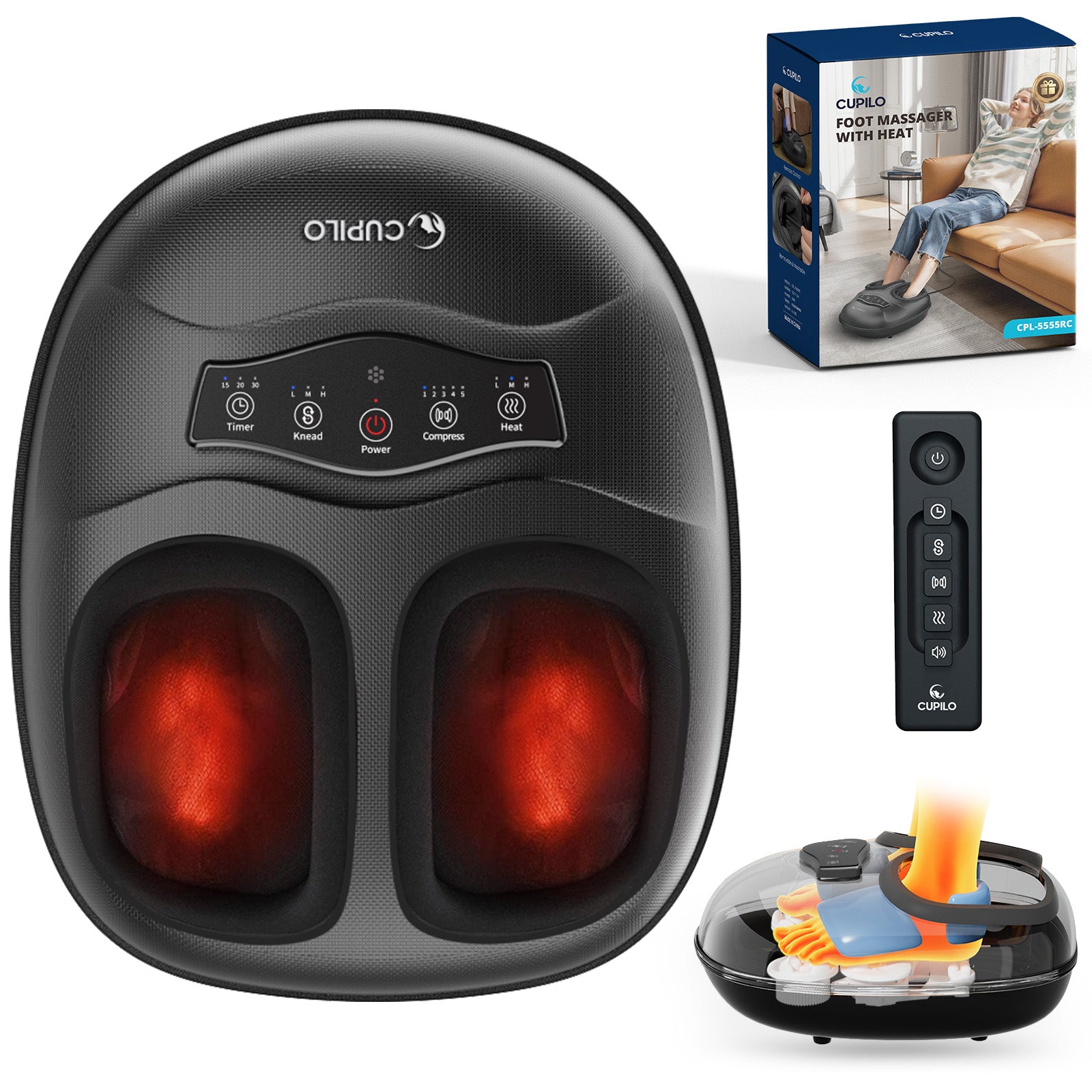 CPL-5555RC-WM Cupilo Foot Massager with Heat & Remote Control, Shiatsu Feet Massager Machine, 5 Deep Kneading Therapy for Plantar Fasciitis, Neuropathy, Blood Circulation, Gifts for Women Men 13"