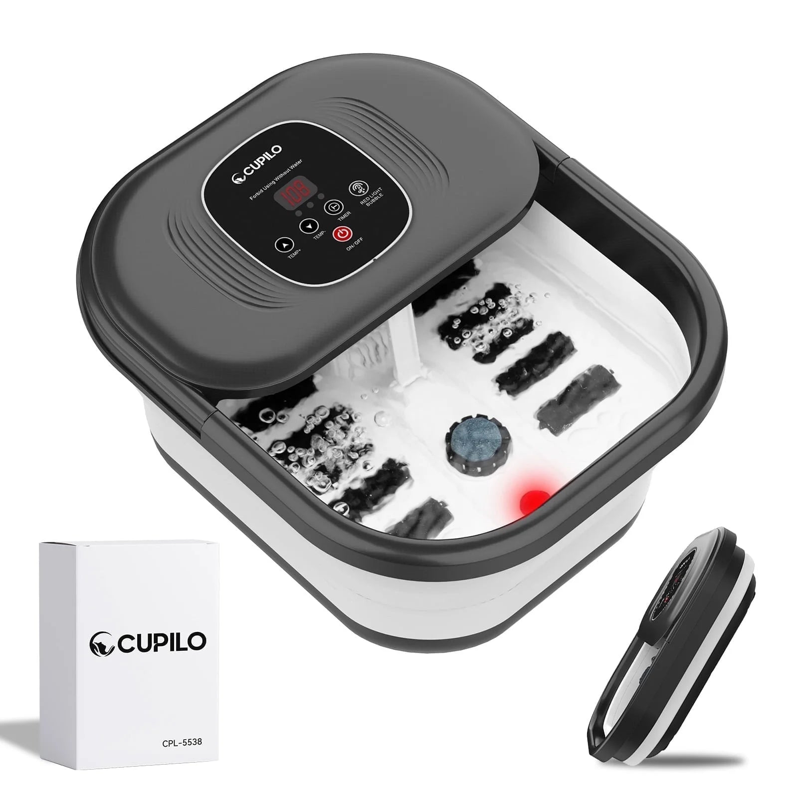 CPL-5538-WM Cupilo Collapsible Foot Spa Massager with Heat, Bubble, Red Light, Vibration, Temperature Control & Timer, Pedicure Foot Bath Massager Soaker with 8 Shiatsu Massage Roller for Relaxation Stress Relie