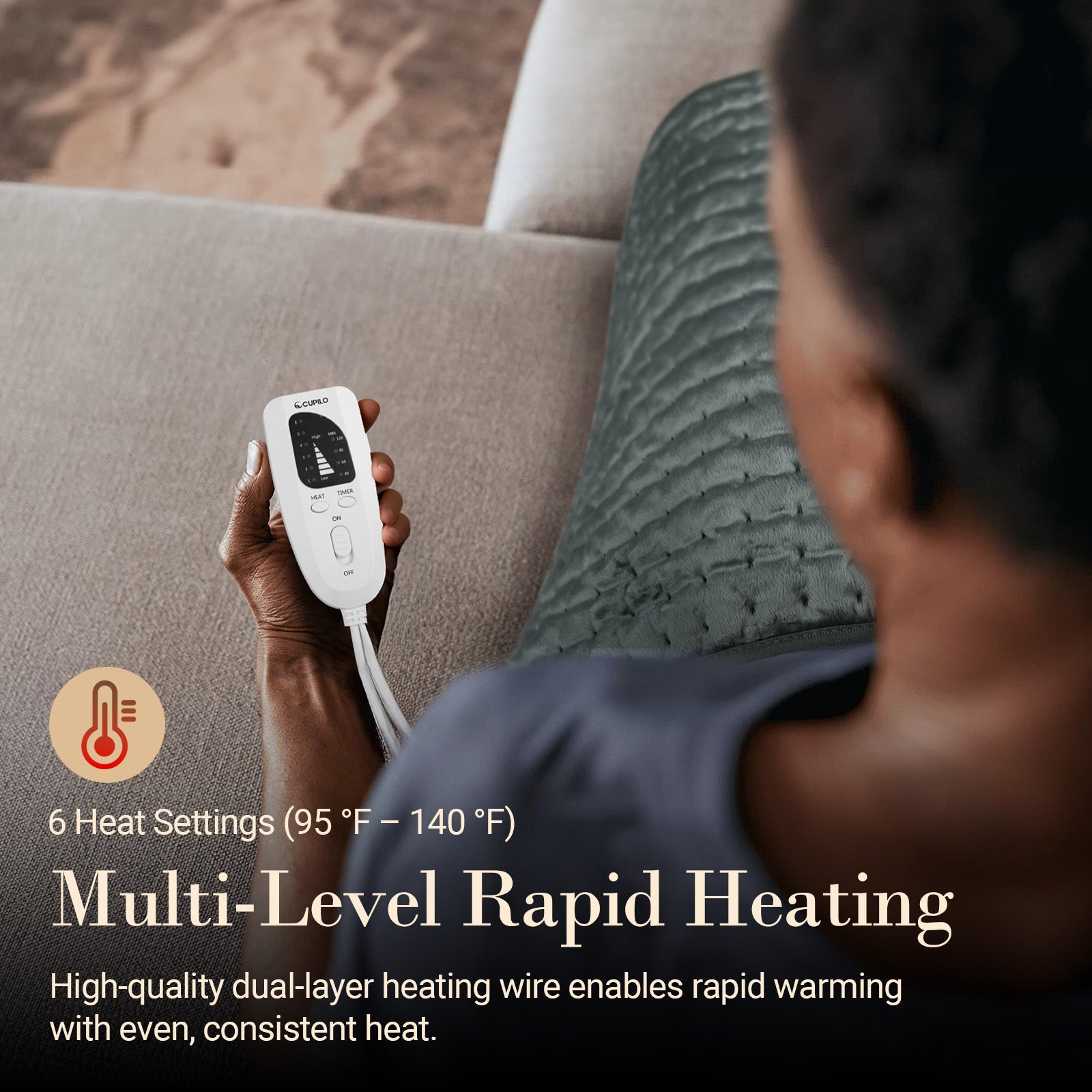 Heating Pad for Back Pain Relief, 6 Temperature Settings & Auto Shut Off, 17”x33” - CPL-TK-HP3317-GRY