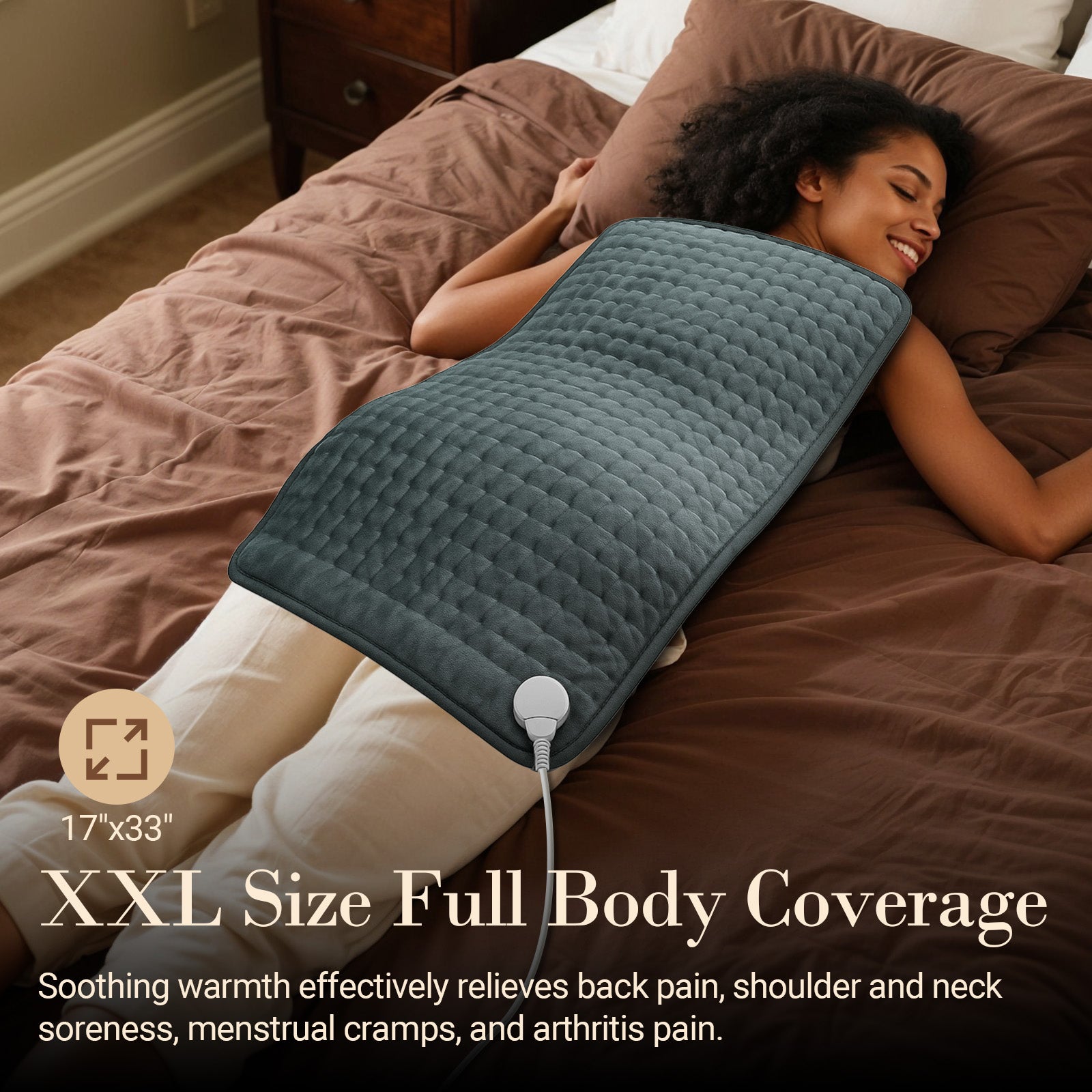 Heating Pad for Back Pain Relief, 6 Temperature Settings & Auto Shut Off, 17”x33” - CPL-TK-HP3317-GRY
