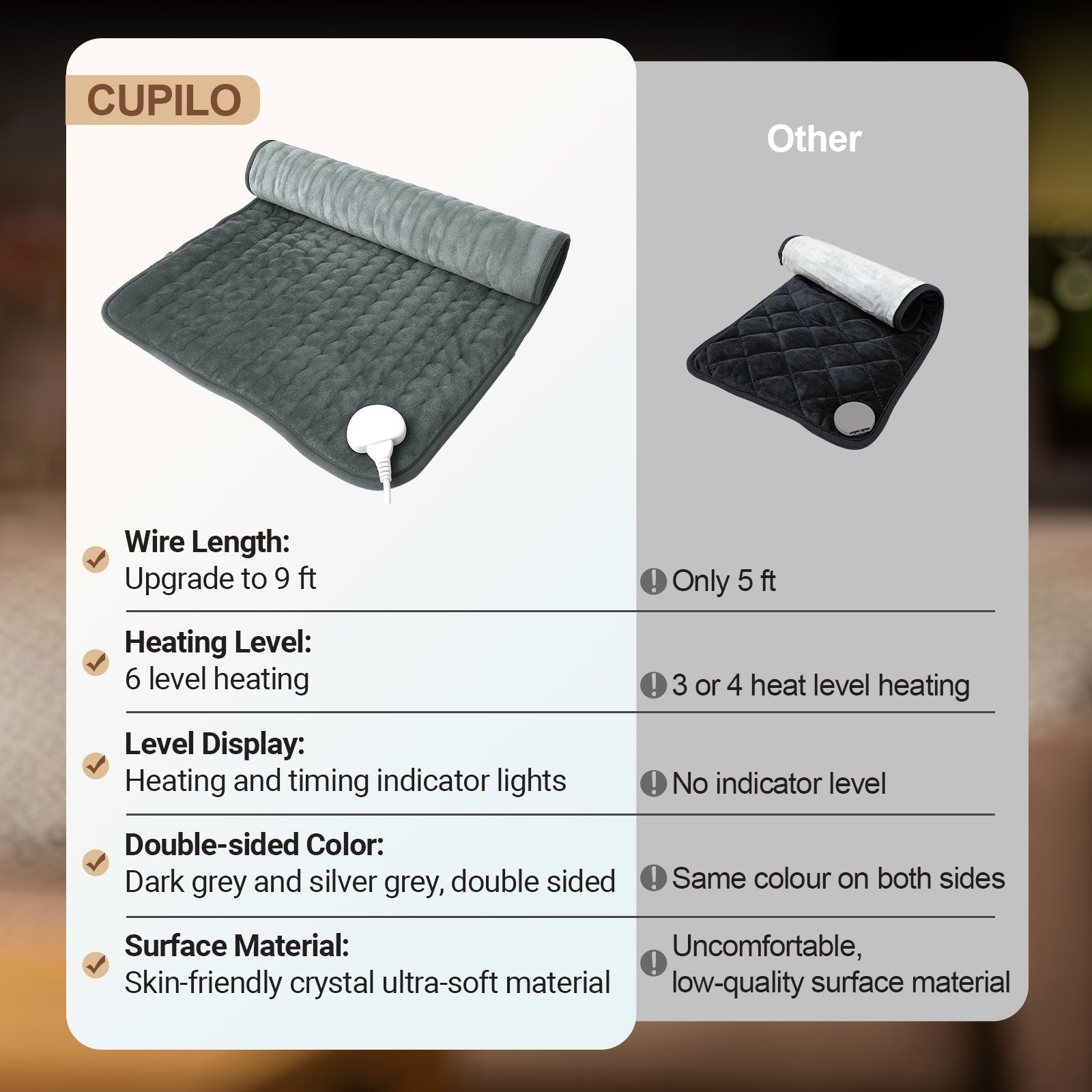 Heating Pad for Back Pain Relief, 6 Temperature Settings & Auto Shut Off, 17”x33” - CPL-TK-HP3317-GRY