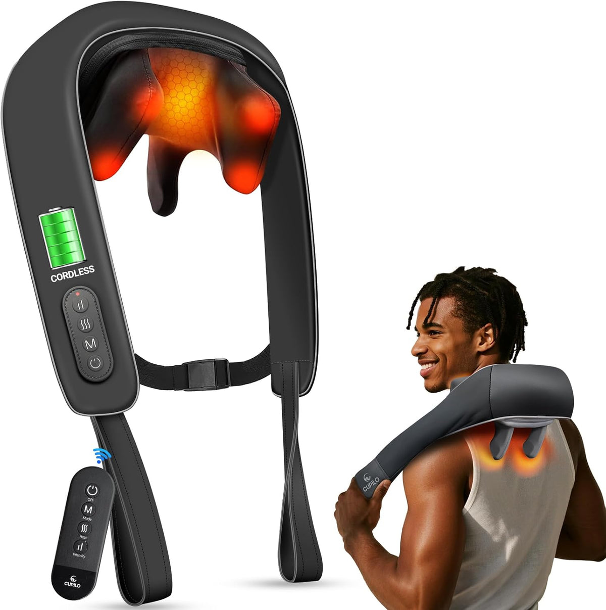 WM-CPL-6682R-02 CuPiLo Neck Massager with Heat & Remote Control, Cordless Shiatsu Neck and Shoulder Massager, 6 Deep Kneading Nodes, 3 Massage Modes & 3 Intensities, Rechargeable for Home, Office & Travel