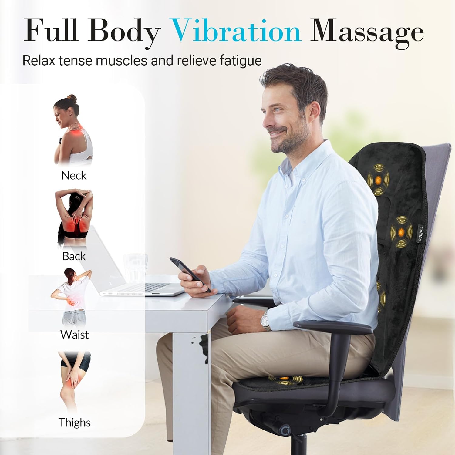 WM-CP-2708 Cupilo Massage Seat Cushion with Heat, Back Massager with Vibration for Back Pain Relief, 6 Vibration Motors & 2 heat levels