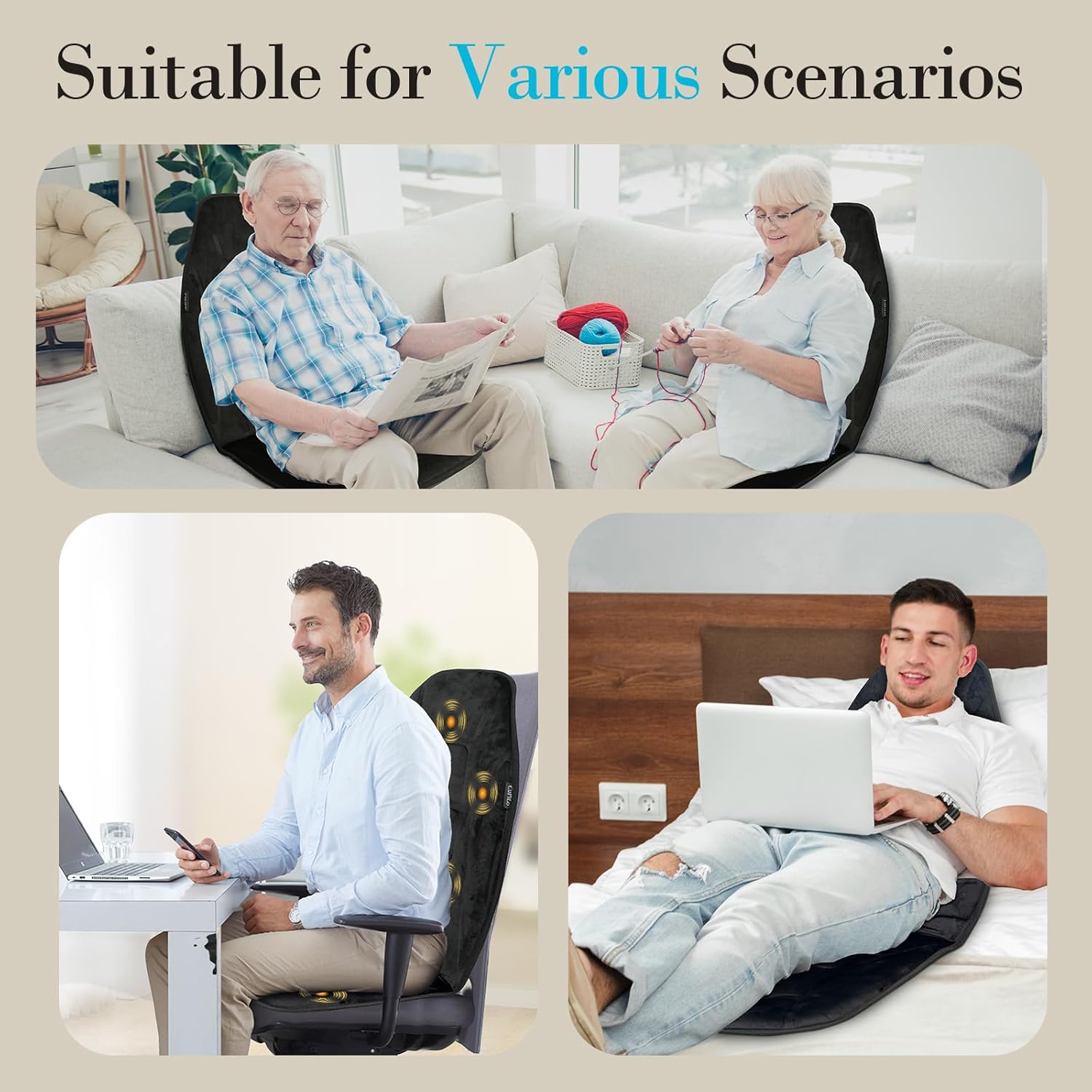 WM-CP-2708 Cupilo Massage Seat Cushion with Heat, Back Massager with Vibration for Back Pain Relief, 6 Vibration Motors & 2 heat levels