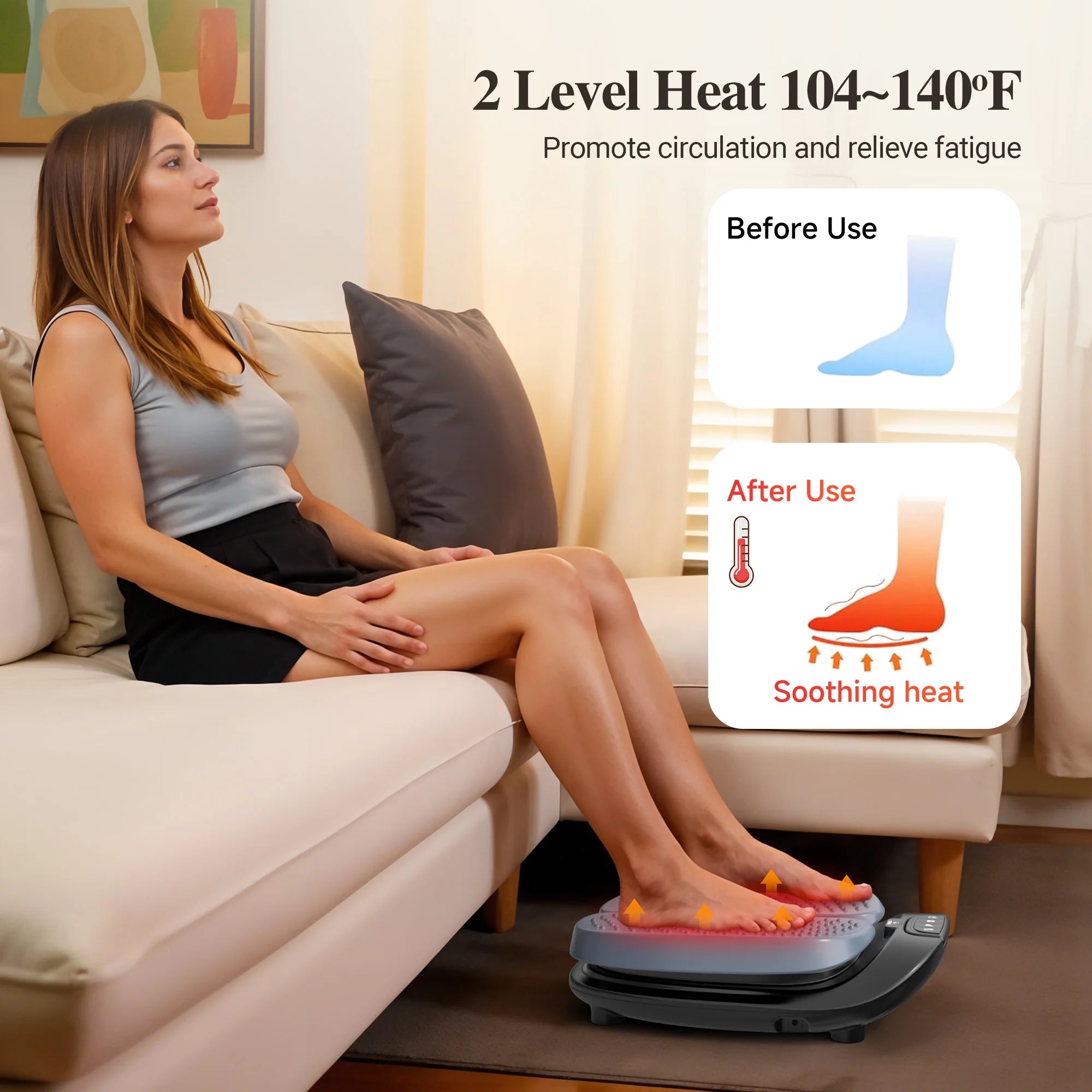 Foot massager with heater (104-140°F) - soothing heat promotes circulation & reduces foot fatigue before/after use.
