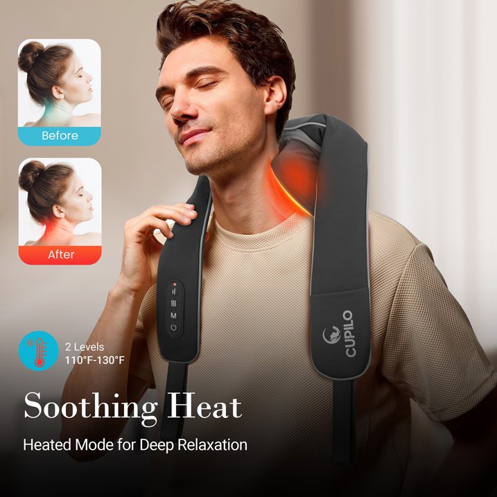 Cupilo Cordless Neck and Back Massager with Heat, 4D Shiatsu Shoulder Massager with Remote Controls for Pain Relief