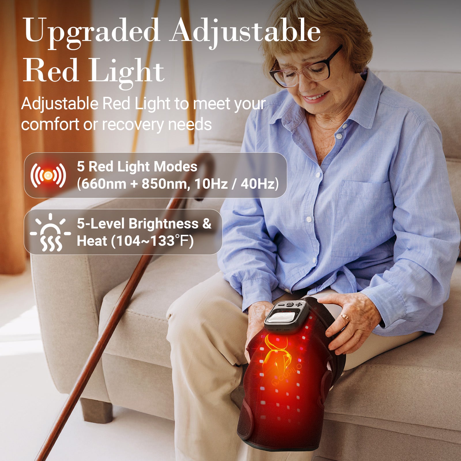 CuPiLo Red Light Therapy Knee Massager with Heat, 660nm & 850nm LEDs, 5 Heat Levels, Vibration, Cordless 5000mAh Battery - CPL-5553-BLK