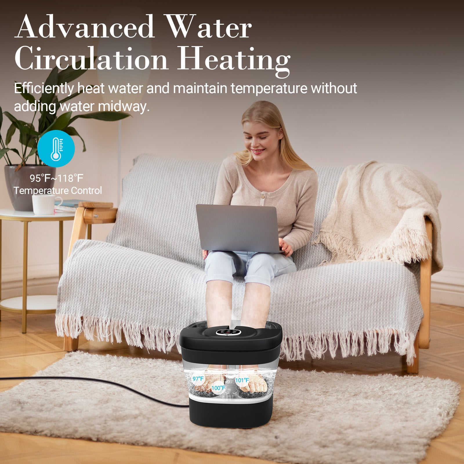 CPL-5547-WM Cupilo Collapsible Foot Spa, Electric Rotary Massage Foot Bath with Circulation Heat, Bubble, Temp Control, 18 Motorized Shiatsu Massage Balls, Pedicure Foot Soak Tub for Feet Stress Relief, Gifts