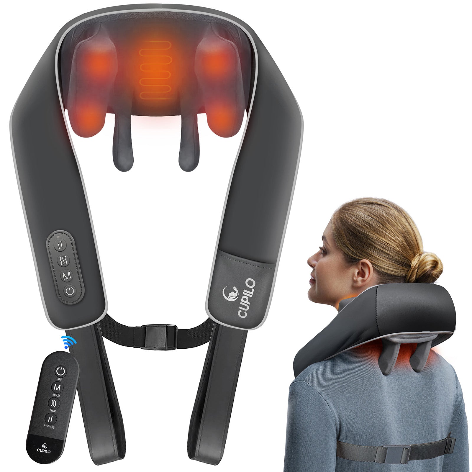 CPL-6682R-WM Cupilo Shiatsu Neck and Back Massager with Heat & Remote Control, 6D Cordless Electric Deep Tissue Kneading Massage Pillow for Shoulder Leg Body Muscle Pain Relief, Gifts for Men Women Home Office Us