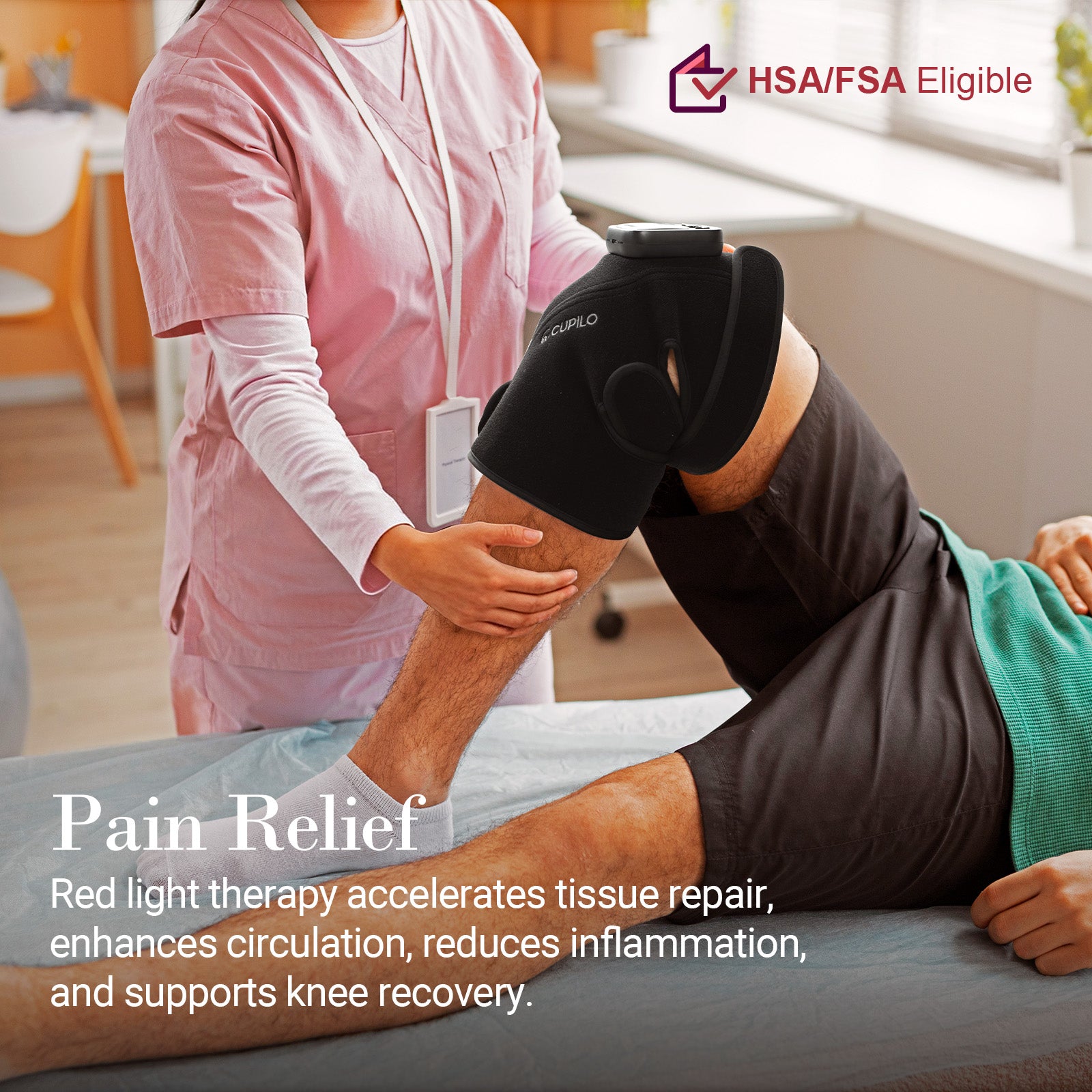 CuPiLo Red Light Therapy Knee Massager with Heat, 660nm & 850nm LEDs, 5 Heat Levels, Vibration, Cordless 5000mAh Battery - CPL-5553-BLK