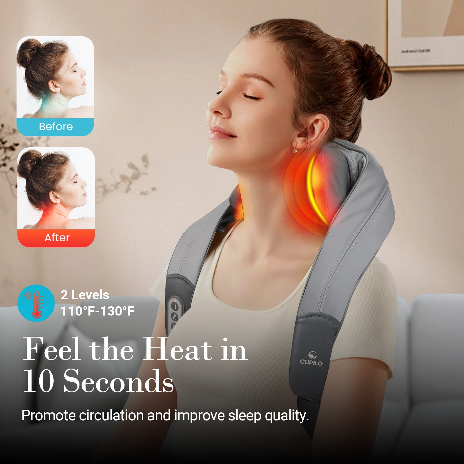 CPL-6681-WM Cupilo Shiatsu Neck and Back Massager with Heat, 4D Cordless Electric Deep Tissue Kneading Massage Pillow for Shoulder Leg Body Muscle Pain Relief, Gift for Men Women Home Office Use