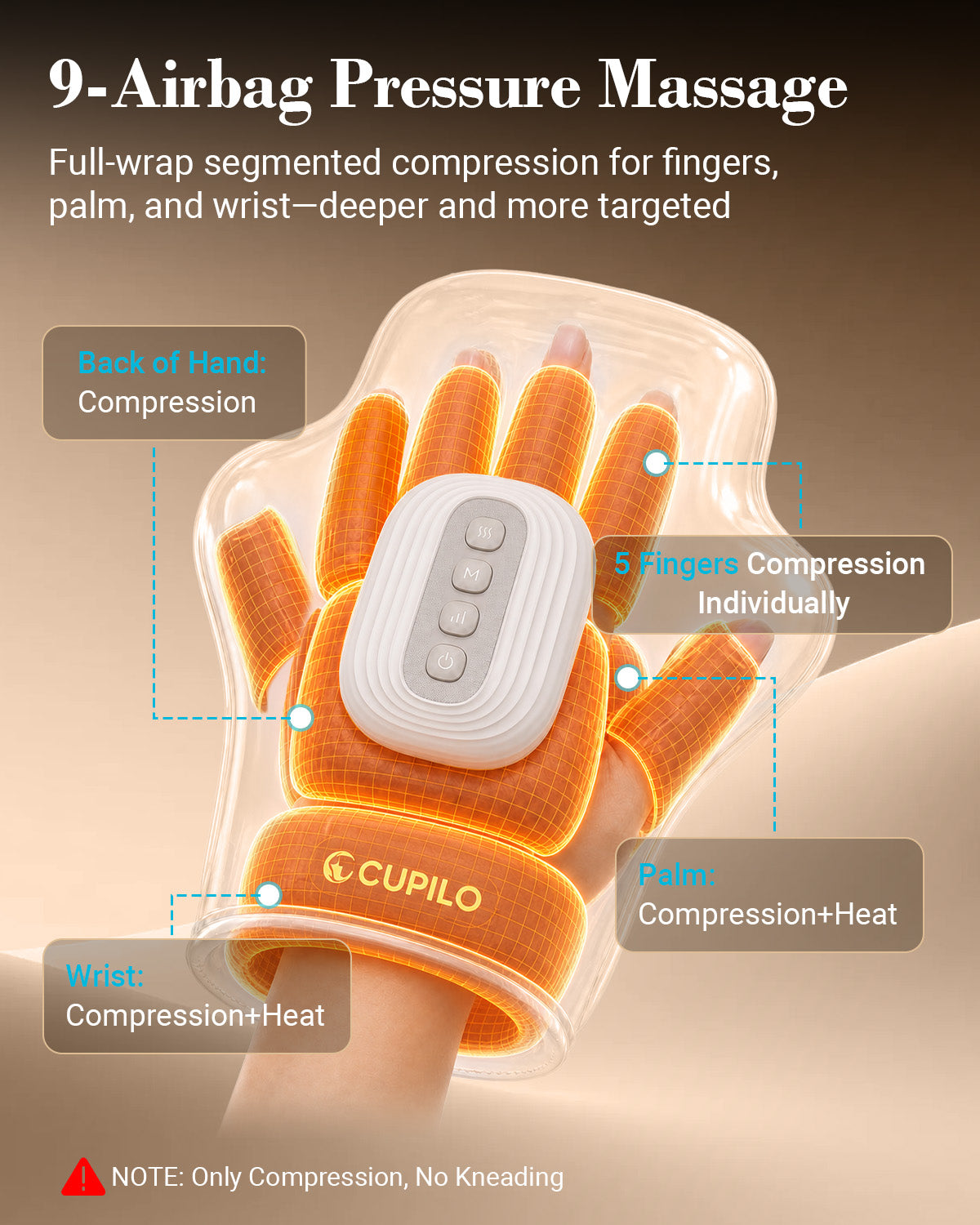 CuPiLo Soft-Shell Hand Massager with Heat and Compression for Arthritis & Carpal Tunnel Relief – Cordless 9-Zone Air Pressure Massager for Left & Right Hands - CPL-4460