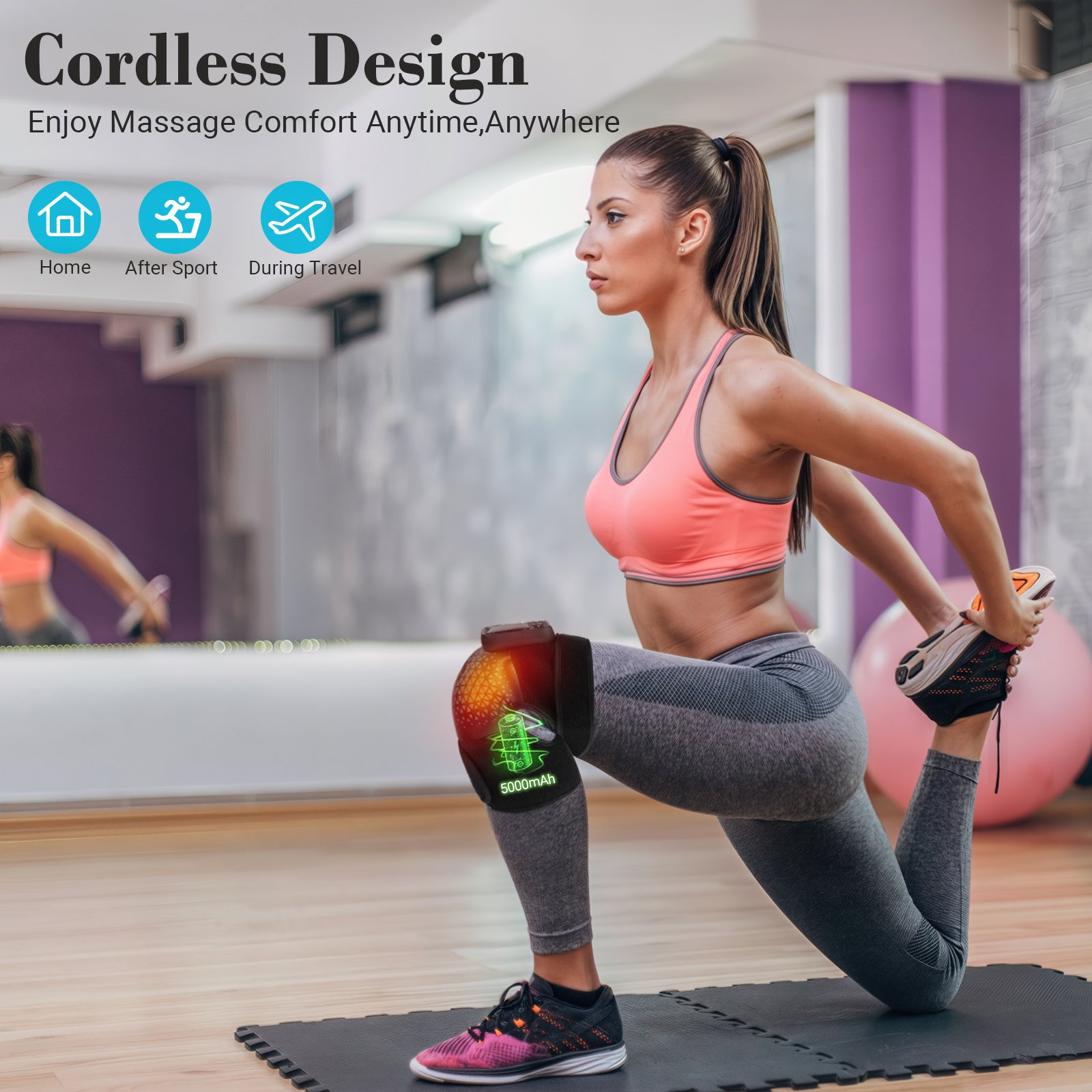 Cordless Heated Knee Massager with Vibration | 6 Modes, 5 Heat Levels, Pain Relief Wrap – CPL-5557-BLK