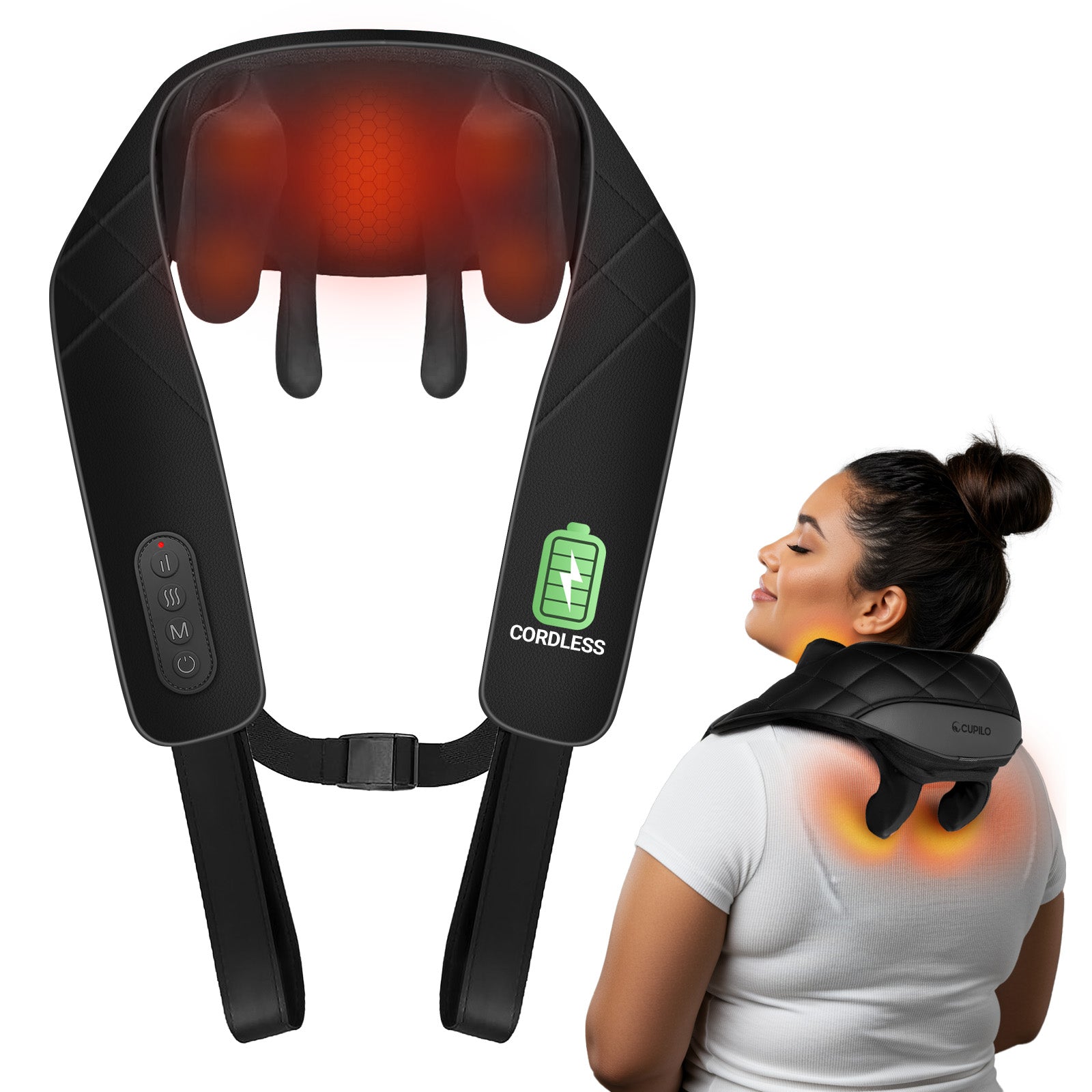 WM-6682N-BK Cupilo Neck Massager Shiatsu Neck and Back Massager with Heat, 6D Cordless Electric Deep Tissue Kneading Massage Pillow for Shoulder Leg Body Muscle Pain Relief, Gifts for Men Women