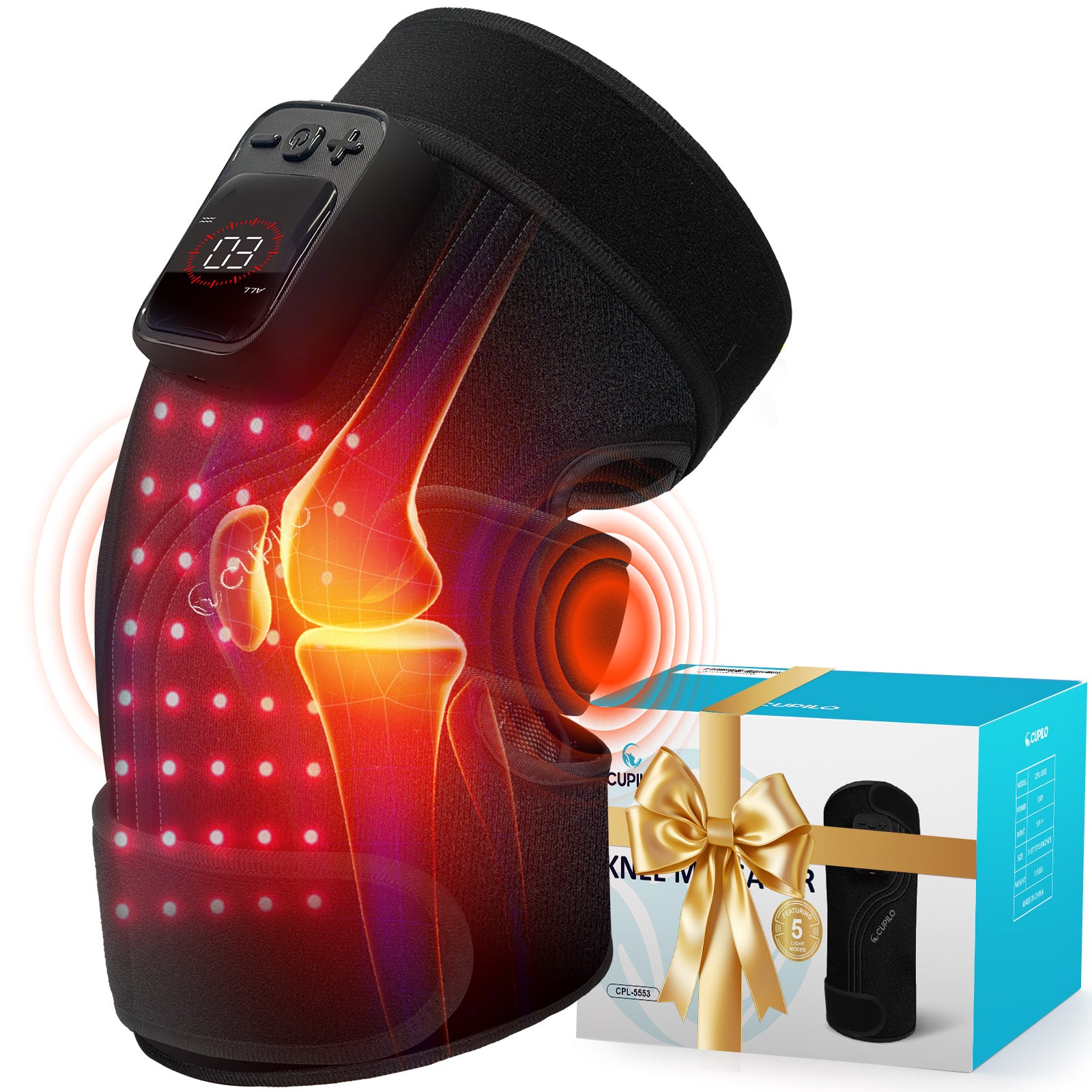 CuPiLo Red Light Therapy Knee Massager with Heat, 660nm & 850nm LEDs, 5 Heat Levels, Vibration, Cordless 5000mAh Battery - CPL-5553-BLK