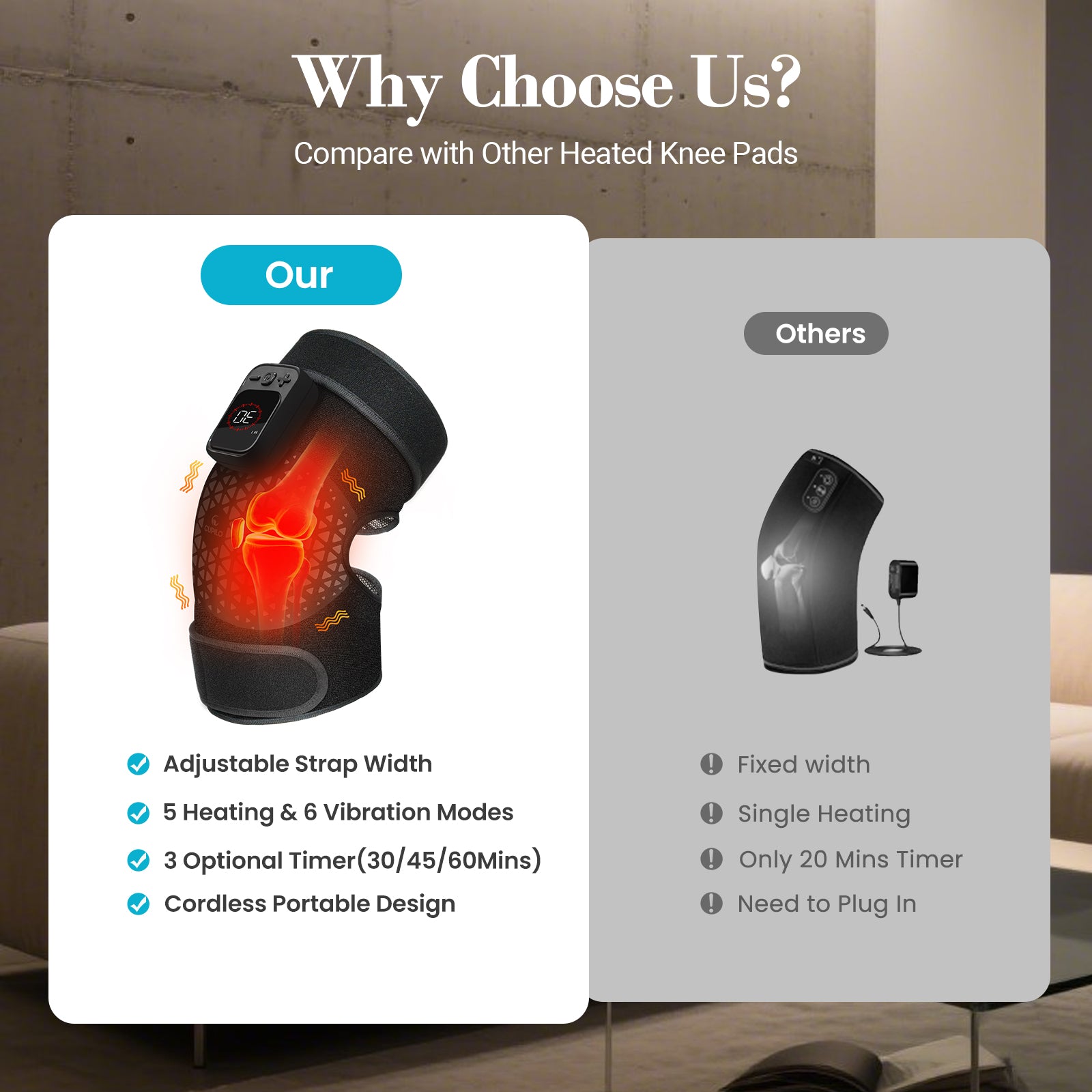 Cordless Heated Knee Massager with Vibration | 6 Modes, 5 Heat Levels, Pain Relief Wrap – CPL-5557-BLK