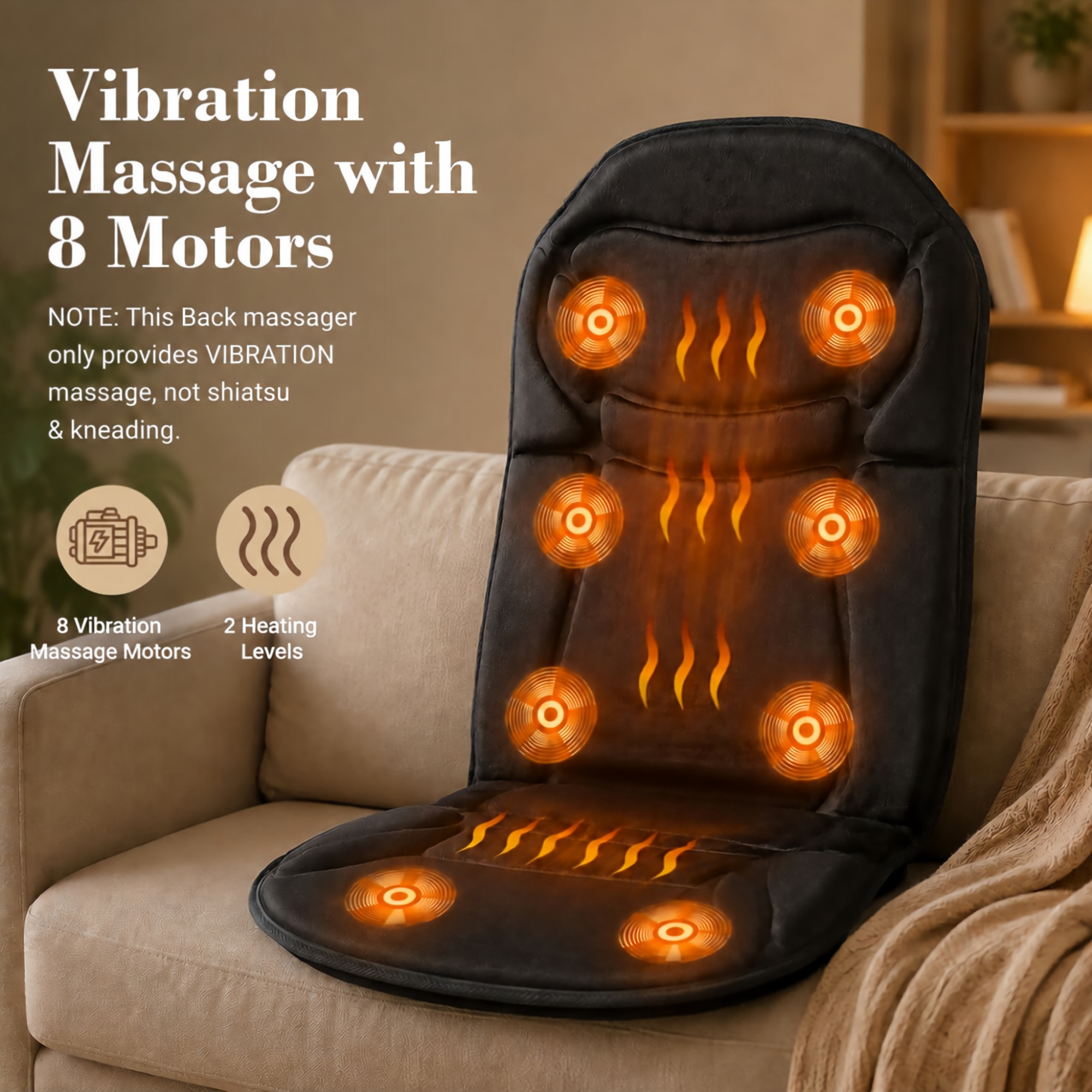 WM-CPL-2102 CuPiLo Back Massager Seat Cushion with Heat, Vibration Massager Chair Pad with 8 Motors & 2 Heat, 5 Vibration Modes