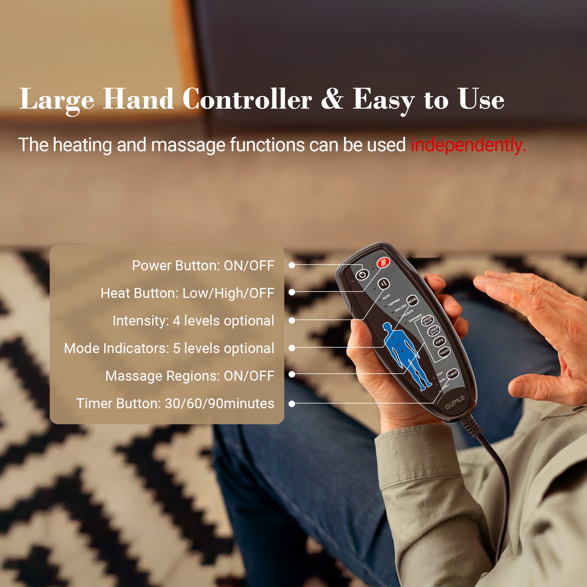 WM-CPL-2102 CuPiLo Back Massager Seat Cushion with Heat, Vibration Massager Chair Pad with 8 Motors & 2 Heat, 5 Vibration Modes