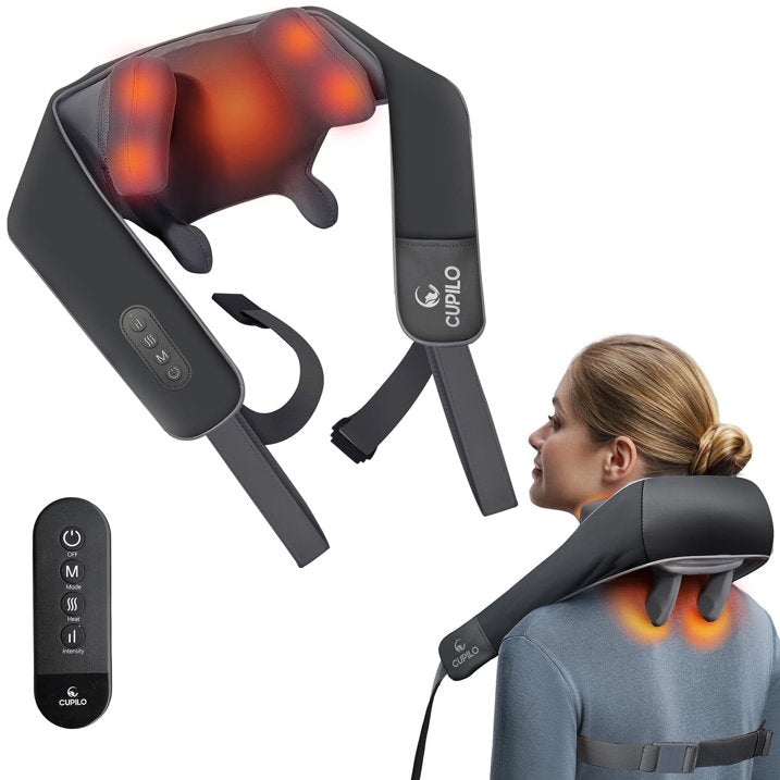 Cupilo Cordless Neck and Back Massager with Heat, 4D Shiatsu Shoulder Massager with Remote Controls for Pain Relief