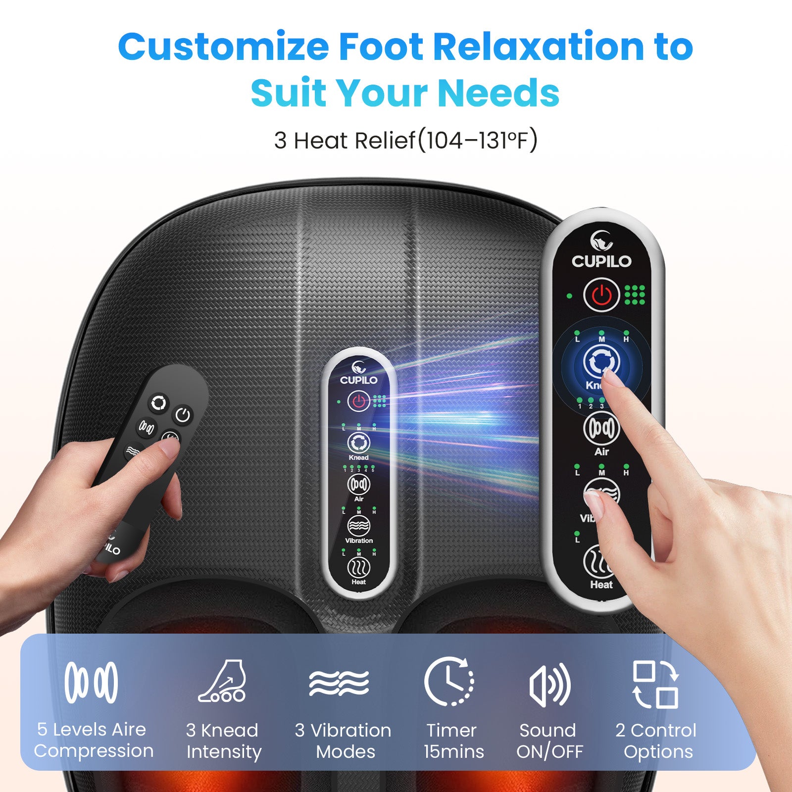 CPL-5522RC-WM CuPiLo Foot Massager Machine with Heat & Remote Control, Shiatsu Deep Kneading Foot Massager for Plantar Fasciitis, Tired Muscles, Neuropathy, Blood Circulation, Size up to 13''