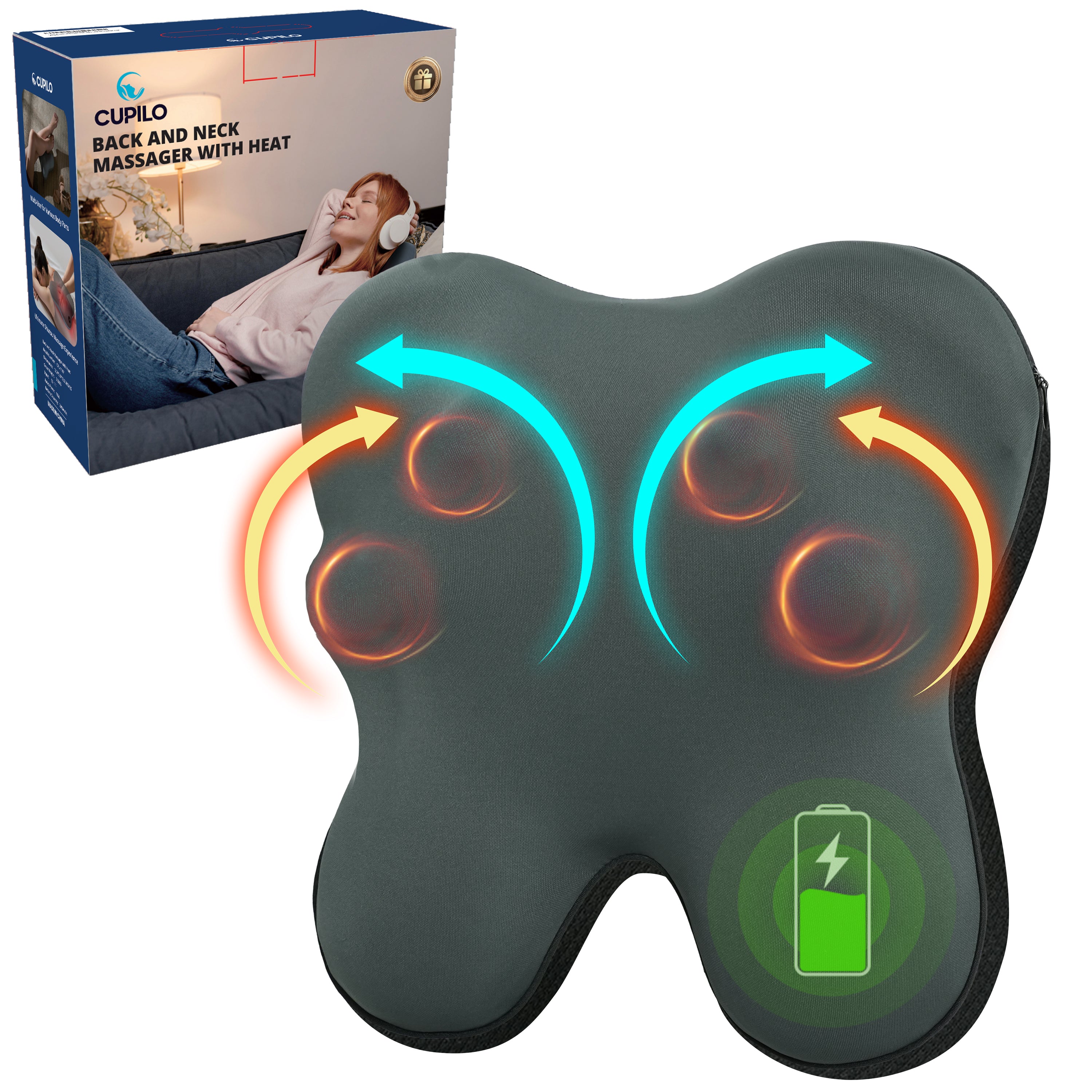 WM-1147 CuPiLo Cordless Back Massager, Shiatsu Neck and back Massager with Heat for Muscle Pain Relief, Kneading Massage Pillow for Neck, Back, Shoulder, Fathers Day Dad Gifts for Men Husband