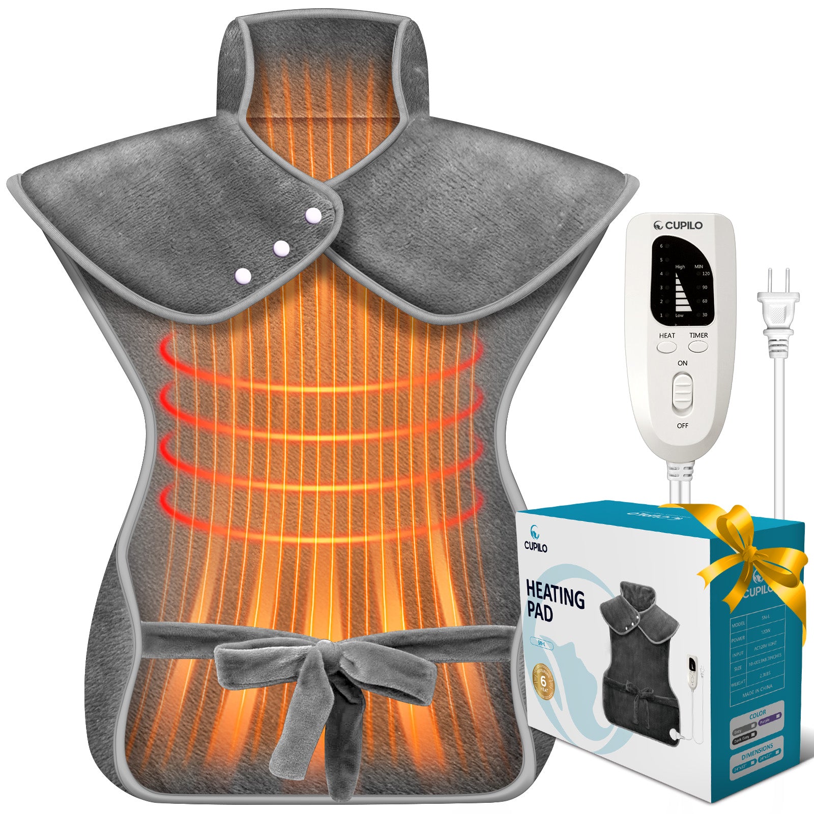 Wearable Heating Pad for Back Pain Relief 24"x33" – Electric Heat Wrap for Neck, Shoulders & Back, Great Gift for Mom, Dad, Women, Men - CPL-SN-L-GRY