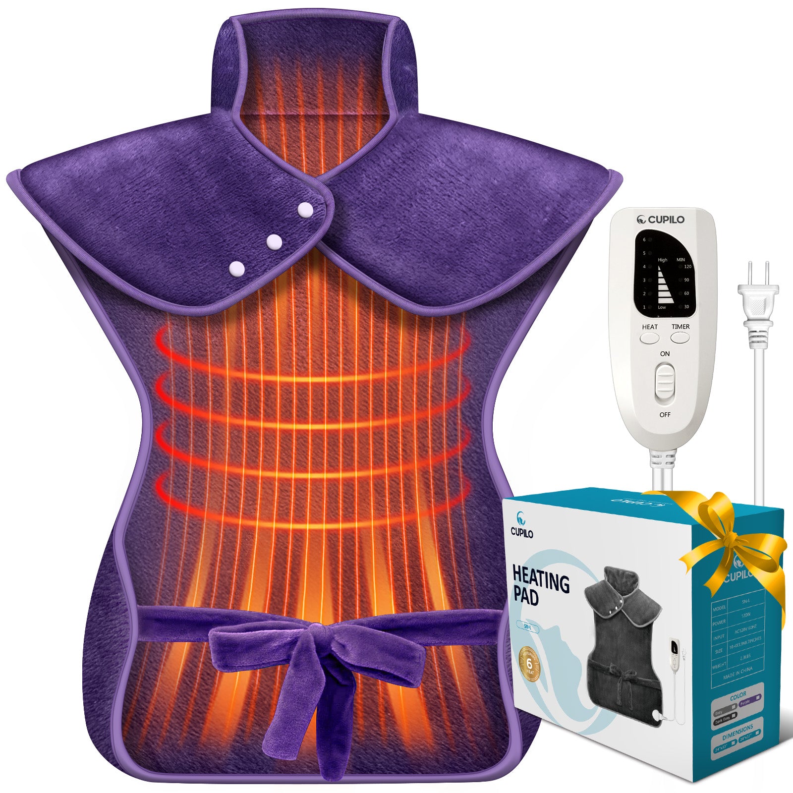 Wearable Heating Pad for Back Pain Relief 24"x33" – Electric Heat Wrap for Neck, Shoulders & Back, Great Gift for Mom, Dad, Women, Men - CPL-SN-L-PUR