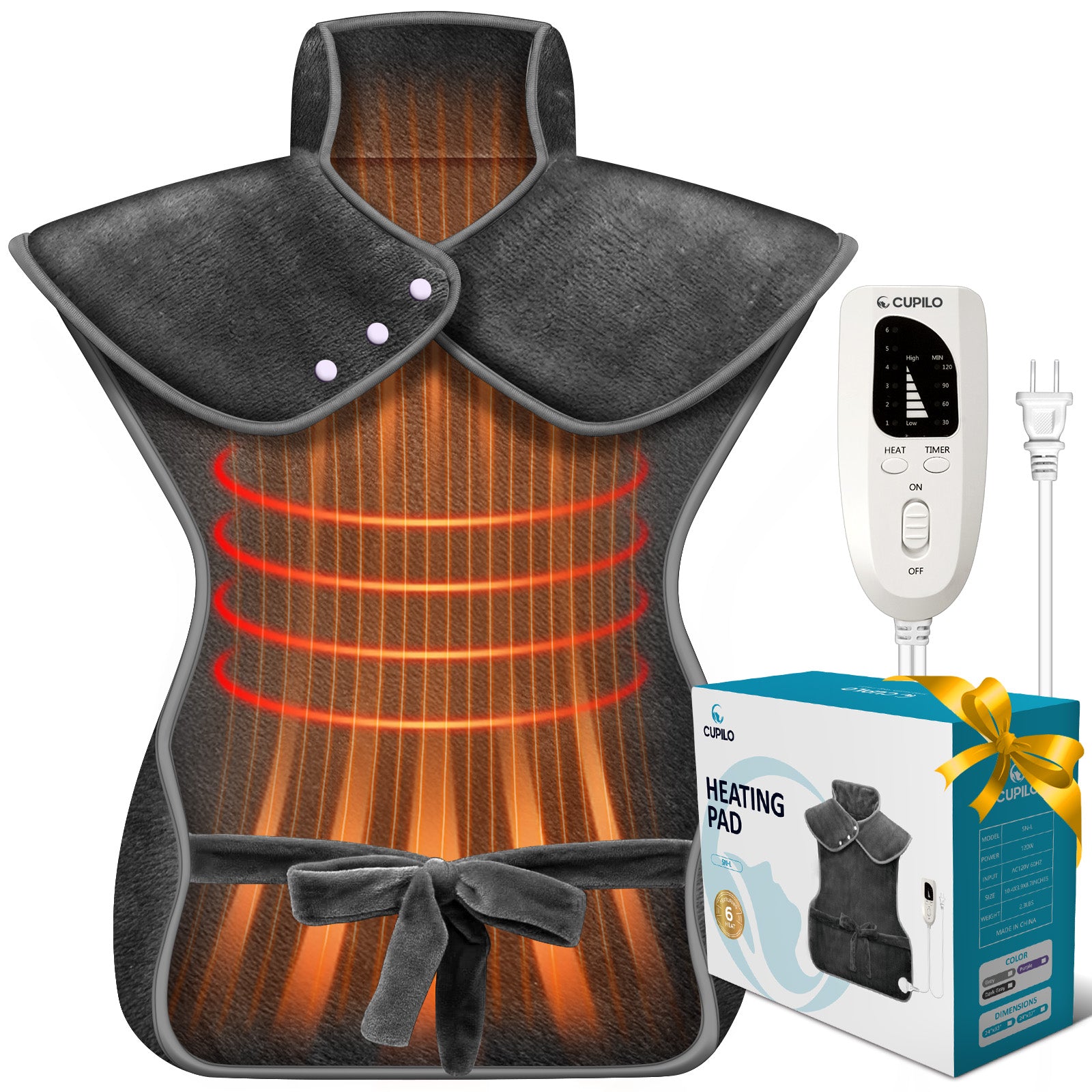 Large Heating Pad for Back, Neck & Shoulder Pain Relief – Wearable, ETL Certified, 24” x 37” - CPL-SN-LE-GRY