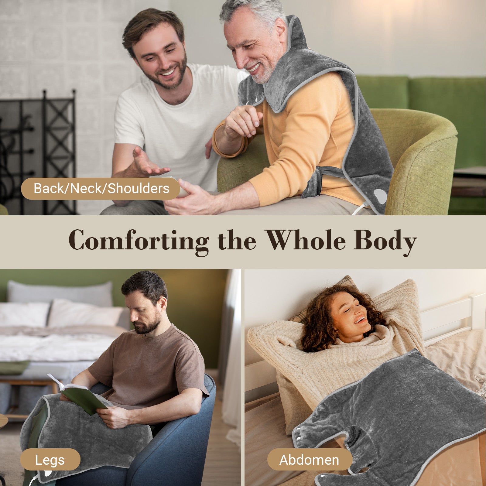 Wearable Heating Pad for Back Pain Relief 24"x33" – Electric Heat Wrap for Neck, Shoulders & Back, Great Gift for Mom, Dad, Women, Men - CPL-SN-L-GRY