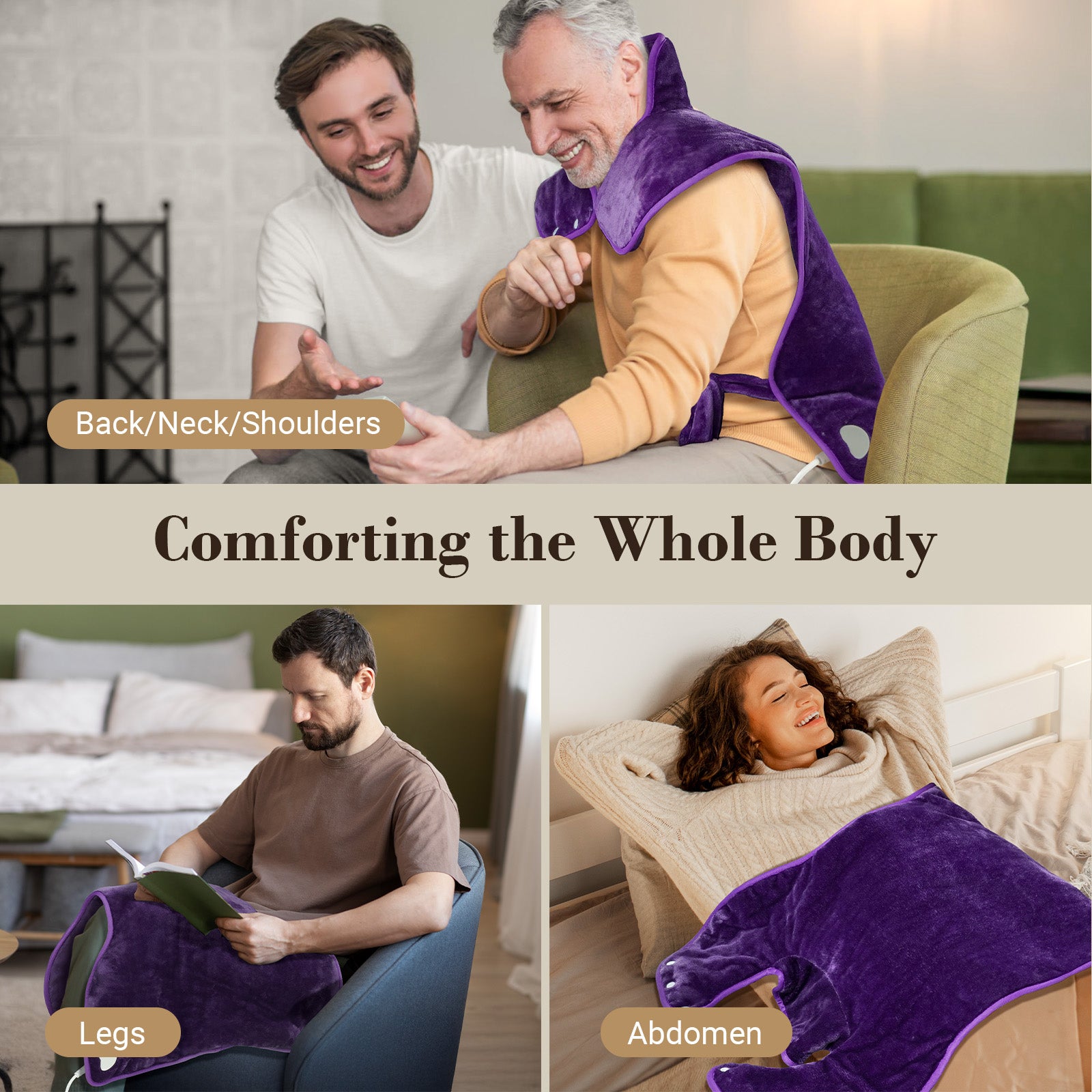 Wearable Heating Pad for Back Pain Relief 24"x33" – Electric Heat Wrap for Neck, Shoulders & Back, Great Gift for Mom, Dad, Women, Men - CPL-SN-L-PUR