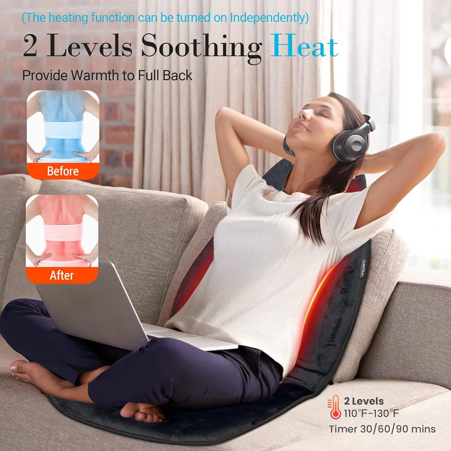 WM-CP-2708 Cupilo Massage Seat Cushion with Heat, Back Massager with Vibration for Back Pain Relief, 6 Vibration Motors & 2 heat levels