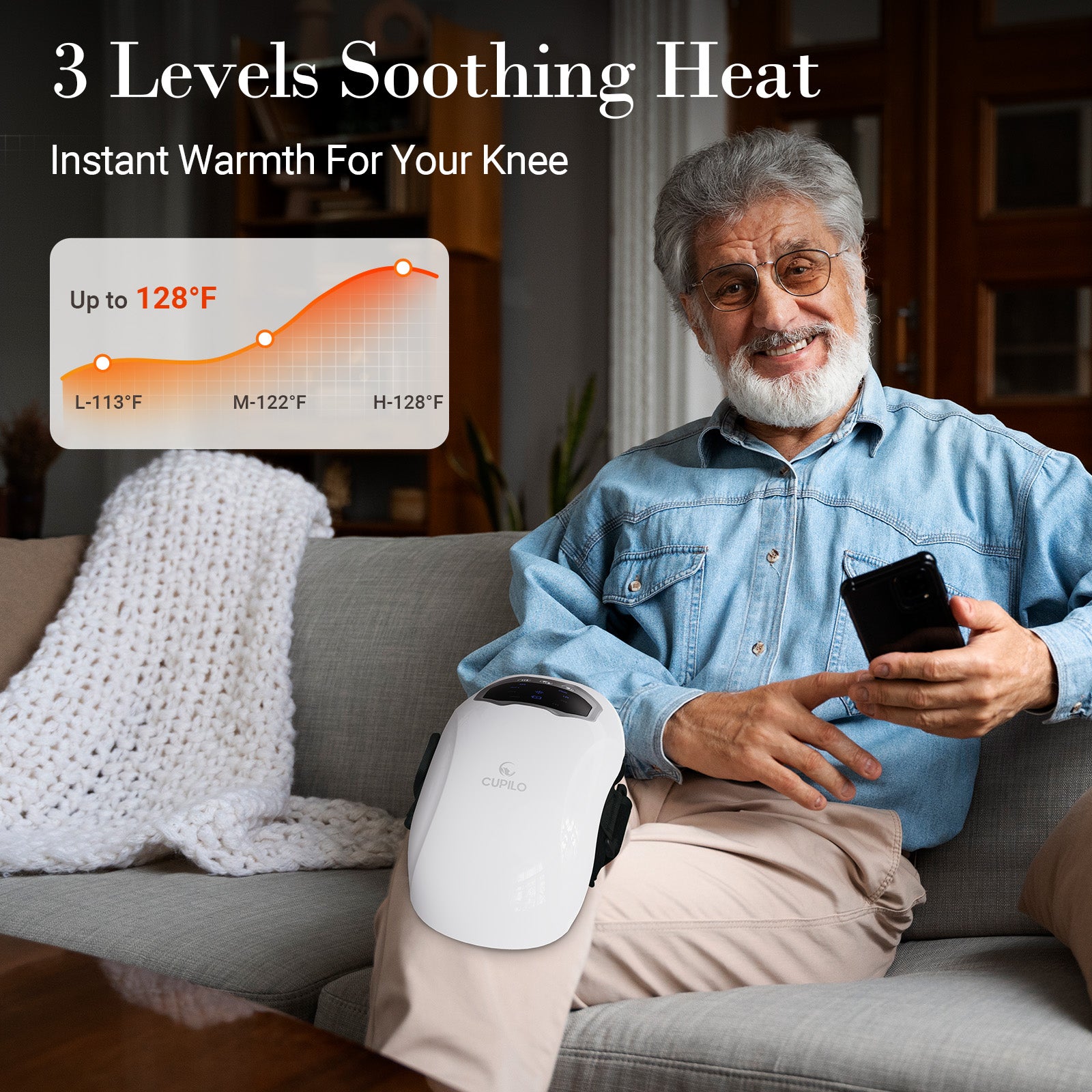 WM-CPL-5552-WHT CuPiLo Cordless Knee Massager, Knee Massage with Heat, 3 Heating, 3 Vibration Modes