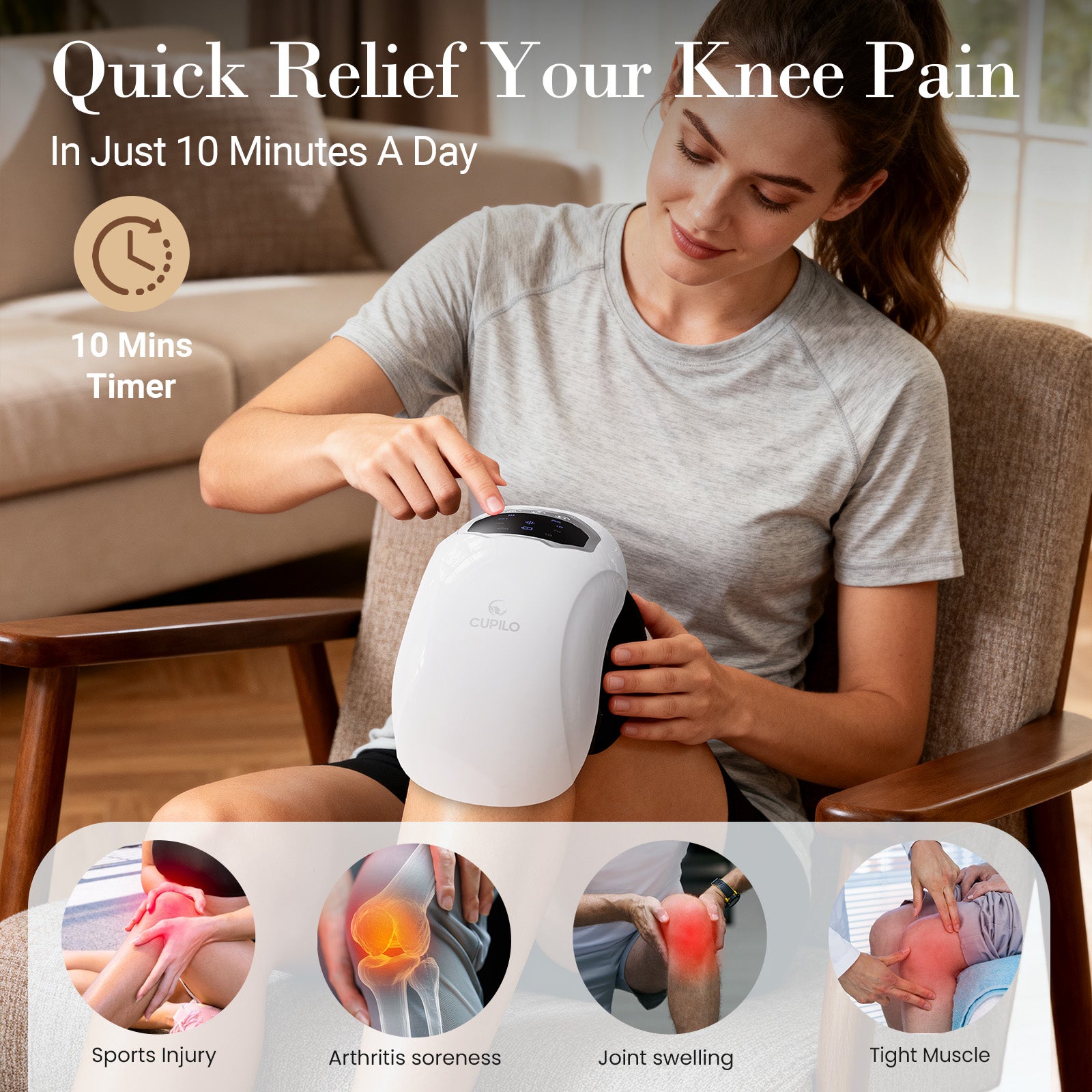 WM-CPL-5552-WHT CuPiLo Cordless Knee Massager, Knee Massage with Heat, 3 Heating, 3 Vibration Modes