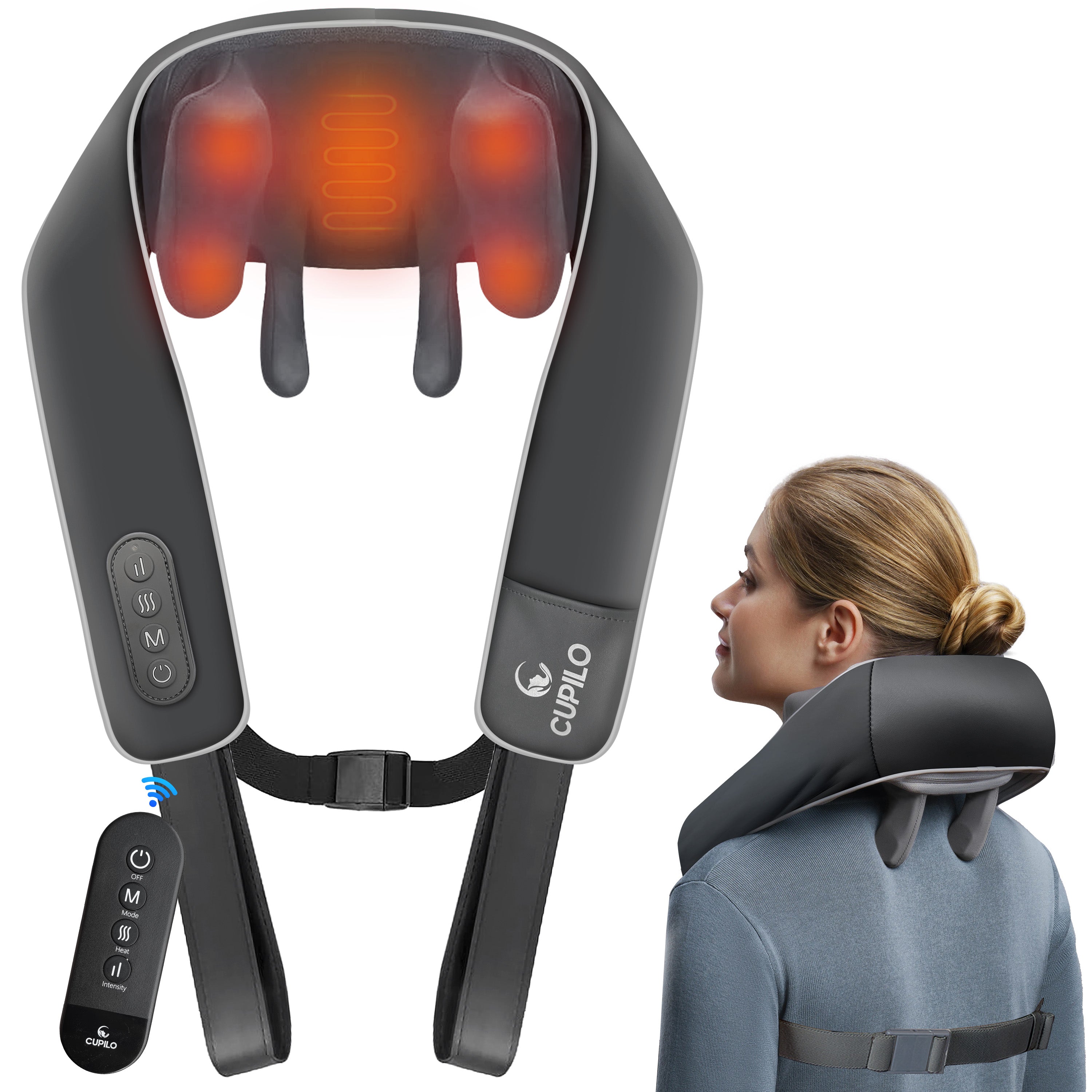 WM-6682R CuPiLo Neck Massager with Heat & Remote Control, Cordless Shiatsu Neck and Shoulder Massage Pillow, 6 Deep Kneading Nodes, 3 Massage Modes & 3 Intensities, Rechargeable for Home, Office & Travel